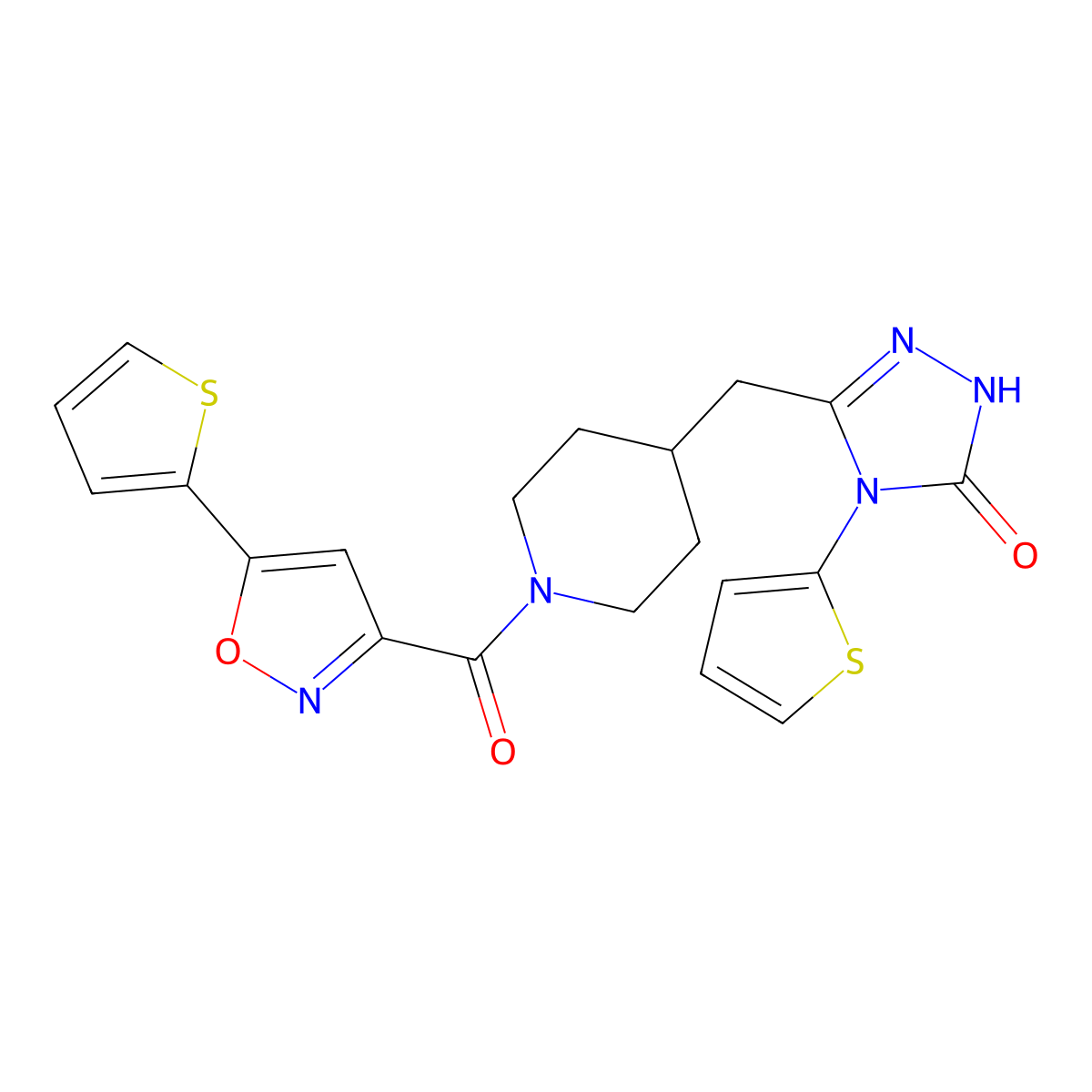 4-(thiophen-2-yl)-3-((1-(5-(thiophen-2-yl)isoxazole-3-carbonyl)piperidin-4-yl)methyl)-1H-1,2,4-triazol-5(4H)-one molecular structure, CAS 2034584-62-6