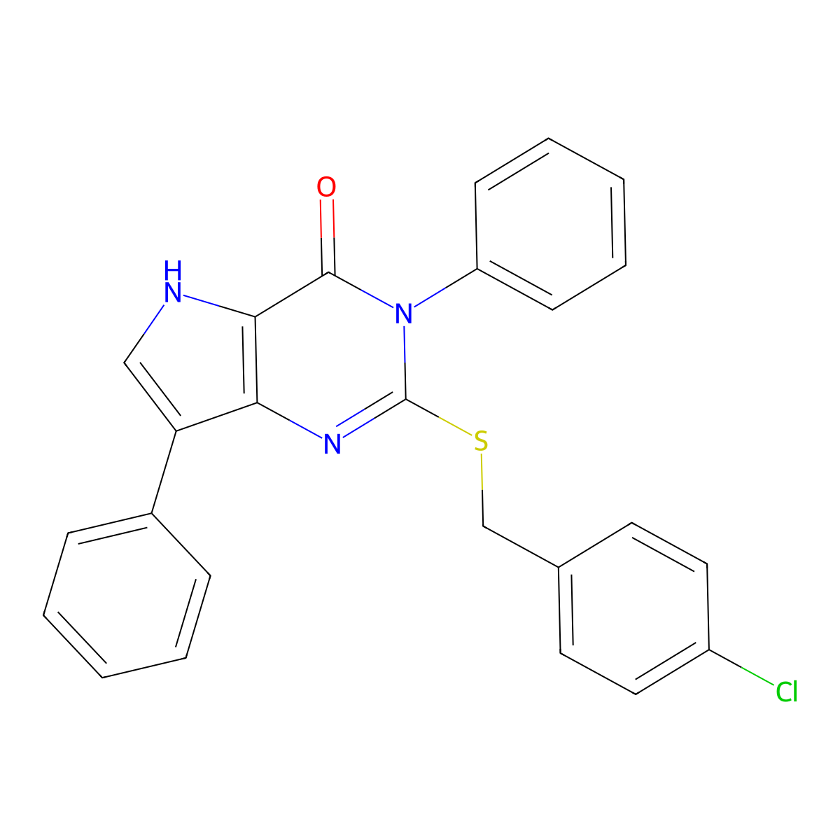 2-((4-chlorobenzyl)thio)-3,7-diphenyl-3H-pyrrolo[3,2-d]pyrimidin-4(5H)-one molecular structure, CAS 2034584-71-7