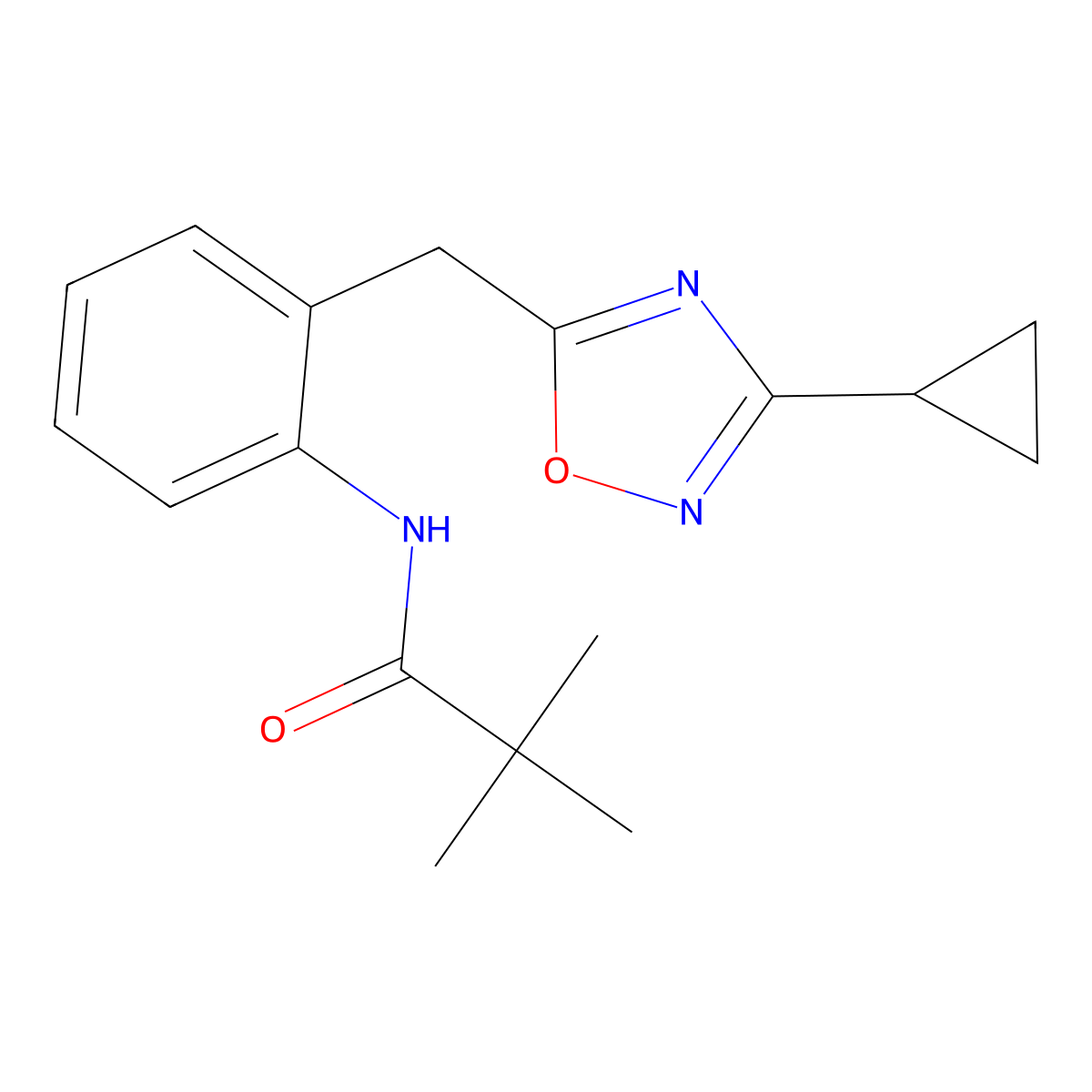N-(2-((3-cyclopropyl-1,2,4-oxadiazol-5-yl)methyl)phenyl)pivalamide molecular structure, CAS 2034584-72-8