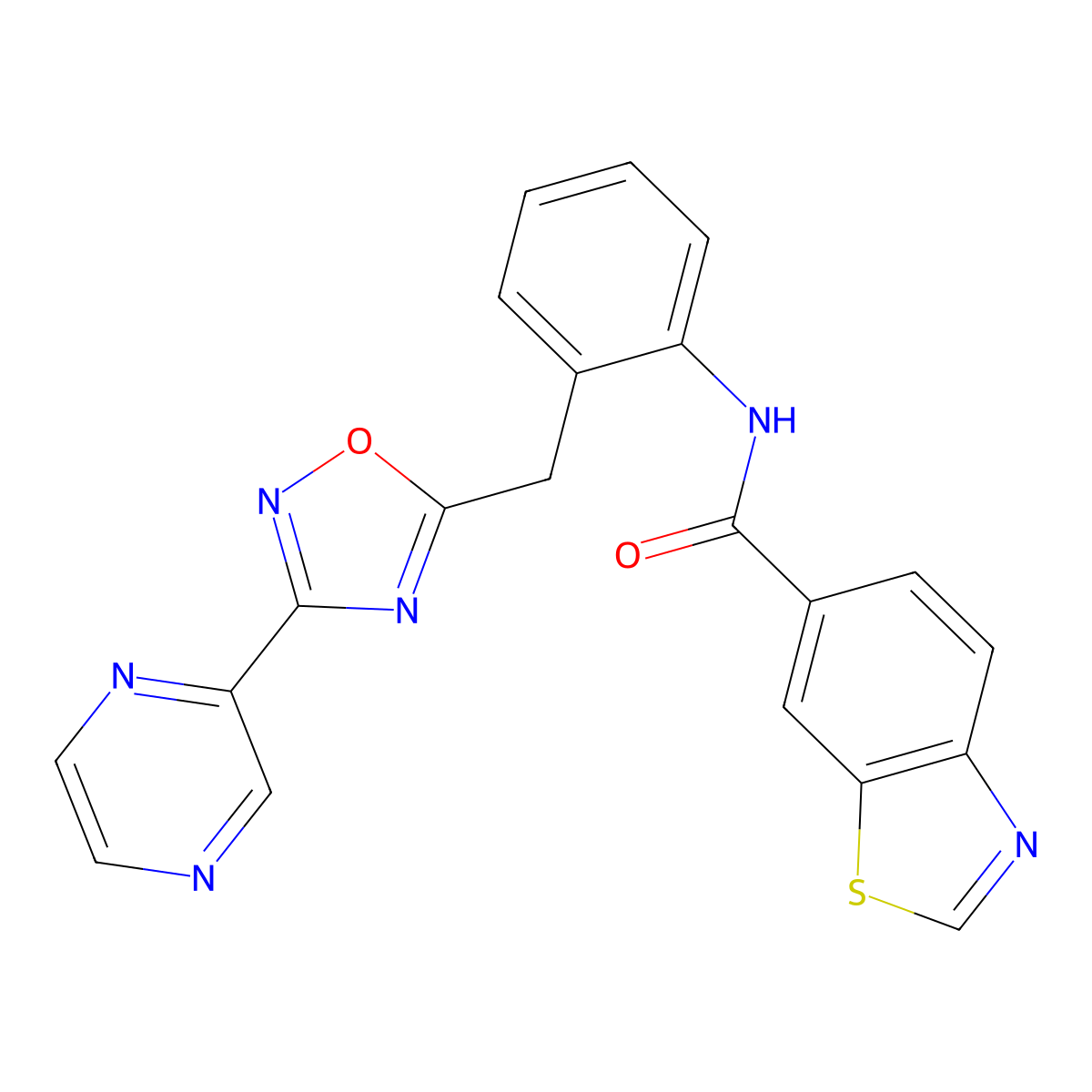 N-(2-((3-(pyrazin-2-yl)-1,2,4-oxadiazol-5-yl)methyl)phenyl)benzo[d]thiazole-6-carboxamide molecular structure, CAS 2034584-75-1