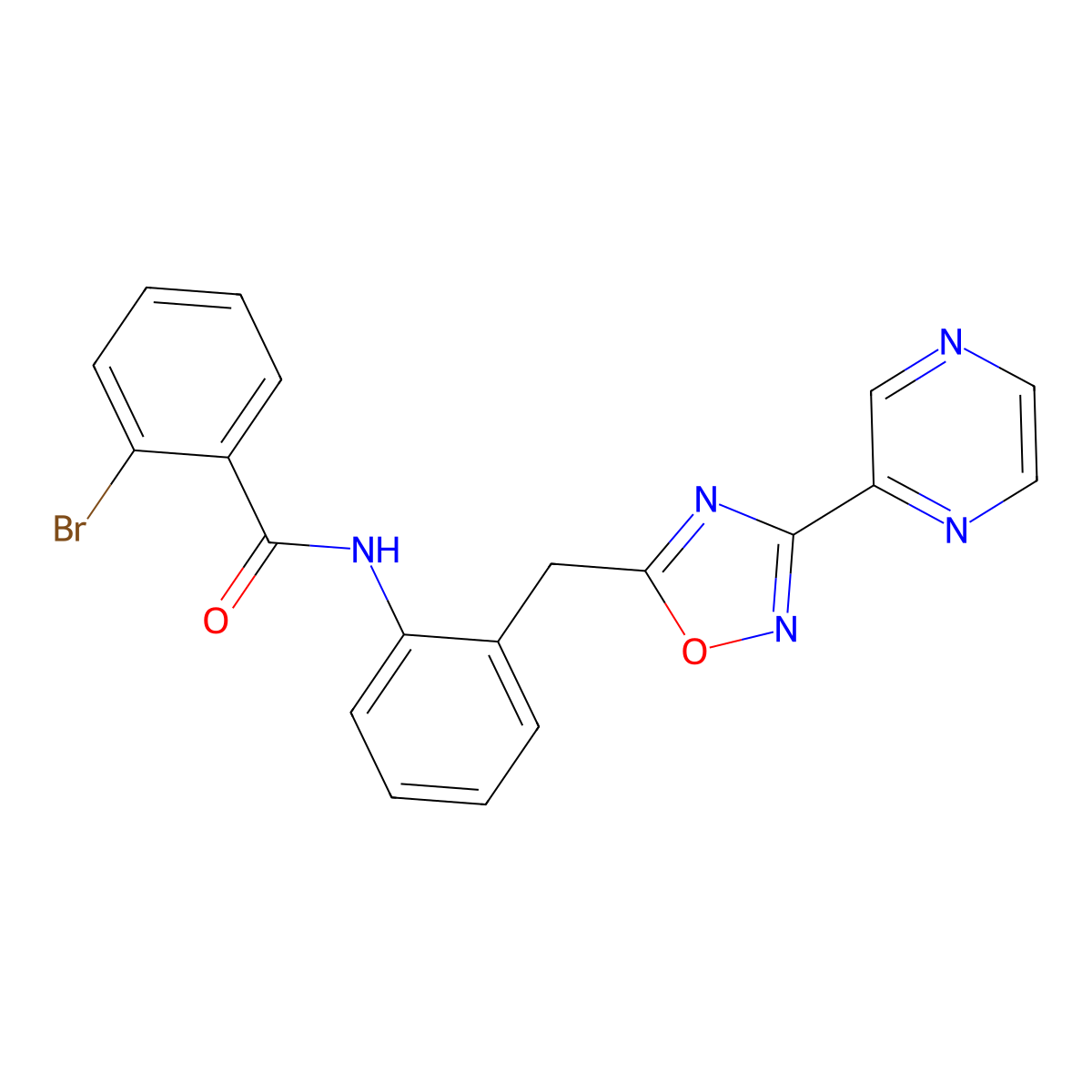 2-bromo-N-(2-((3-(pyrazin-2-yl)-1,2,4-oxadiazol-5-yl)methyl)phenyl)benzamide molecular structure, CAS 2034584-82-0