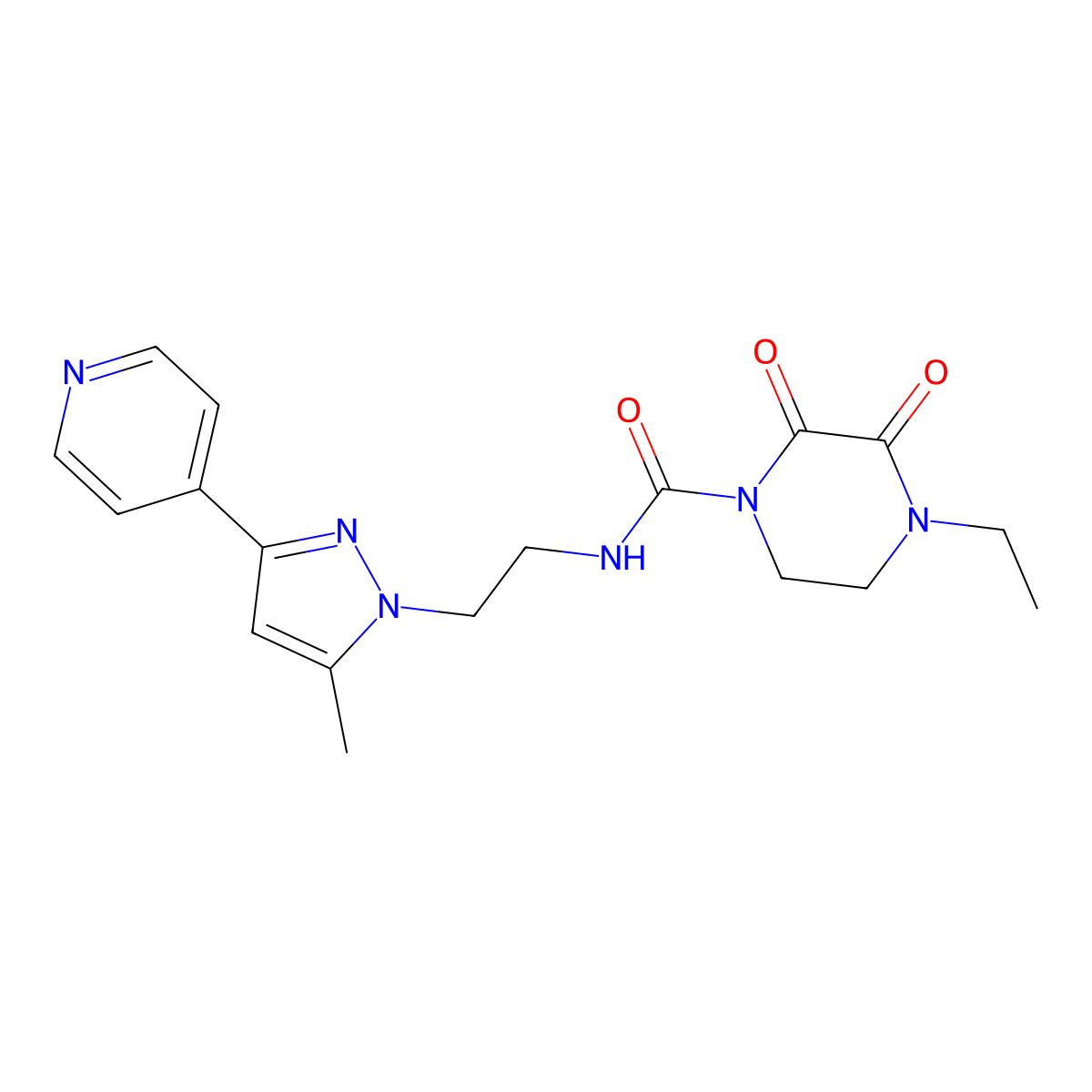 4-ethyl-N-{2-[5-methyl-3-(pyridin-4-yl)-1H-pyrazol-1-yl]ethyl}-2,3-dioxopiperazine-1-carboxamide molecular structure, CAS 2034584-89-7