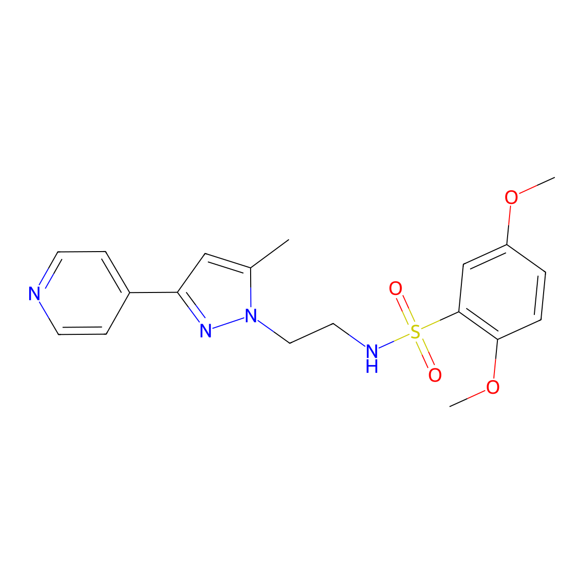 2,5-dimethoxy-N-(2-(5-methyl-3-(pyridin-4-yl)-1H-pyrazol-1-yl)ethyl)benzenesulfonamide molecular structure, CAS 2034584-93-3