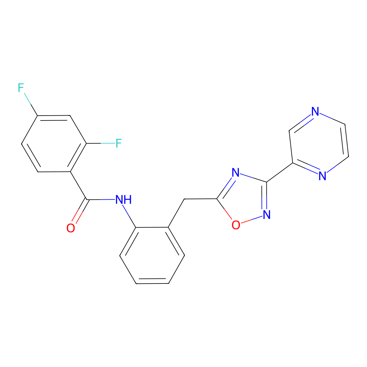 2,4-difluoro-N-(2-((3-(pyrazin-2-yl)-1,2,4-oxadiazol-5-yl)methyl)phenyl)benzamide molecular structure, CAS 2034584-94-4