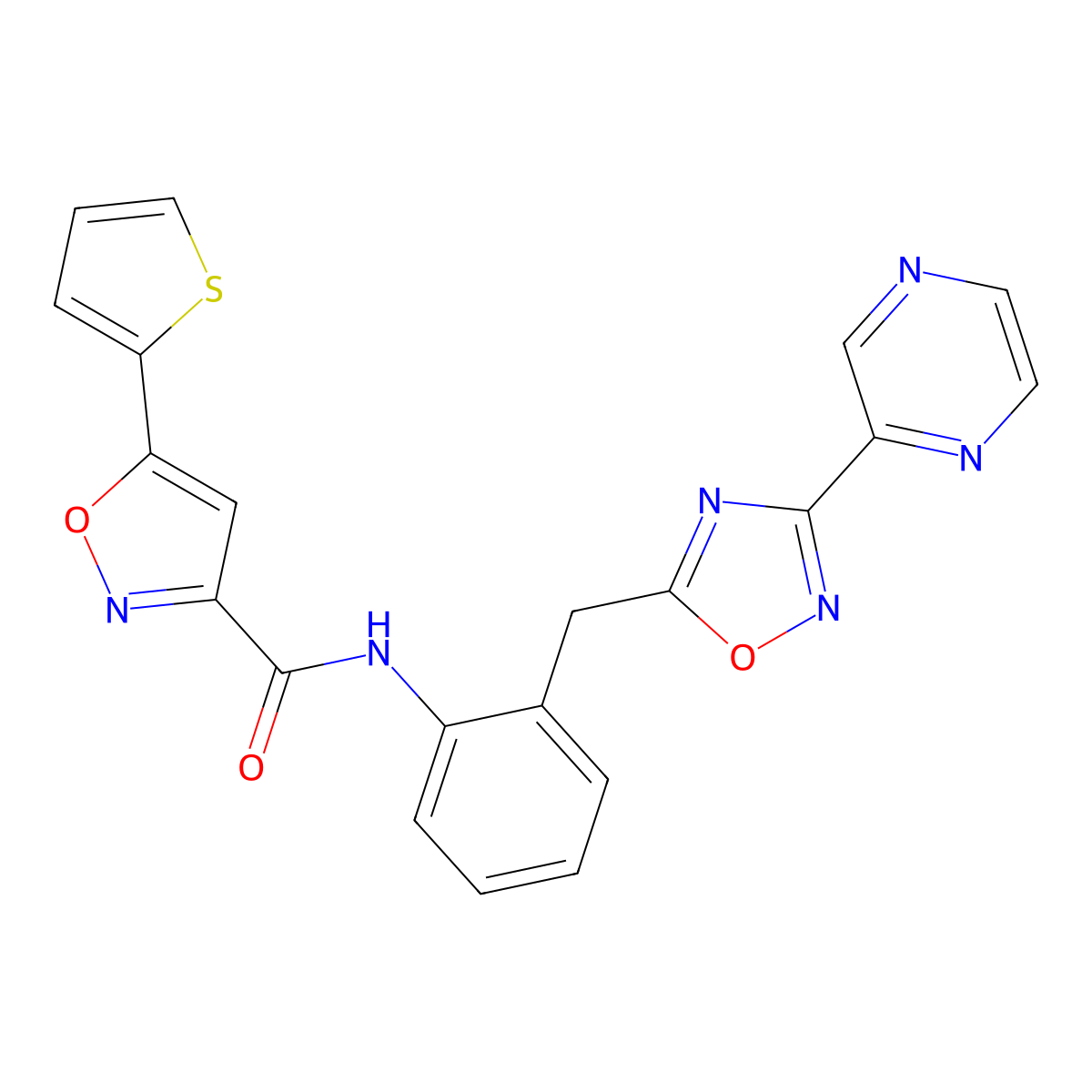 N-(2-((3-(pyrazin-2-yl)-1,2,4-oxadiazol-5-yl)methyl)phenyl)-5-(thiophen-2-yl)isoxazole-3-carboxamide molecular structure, CAS 2034584-99-9