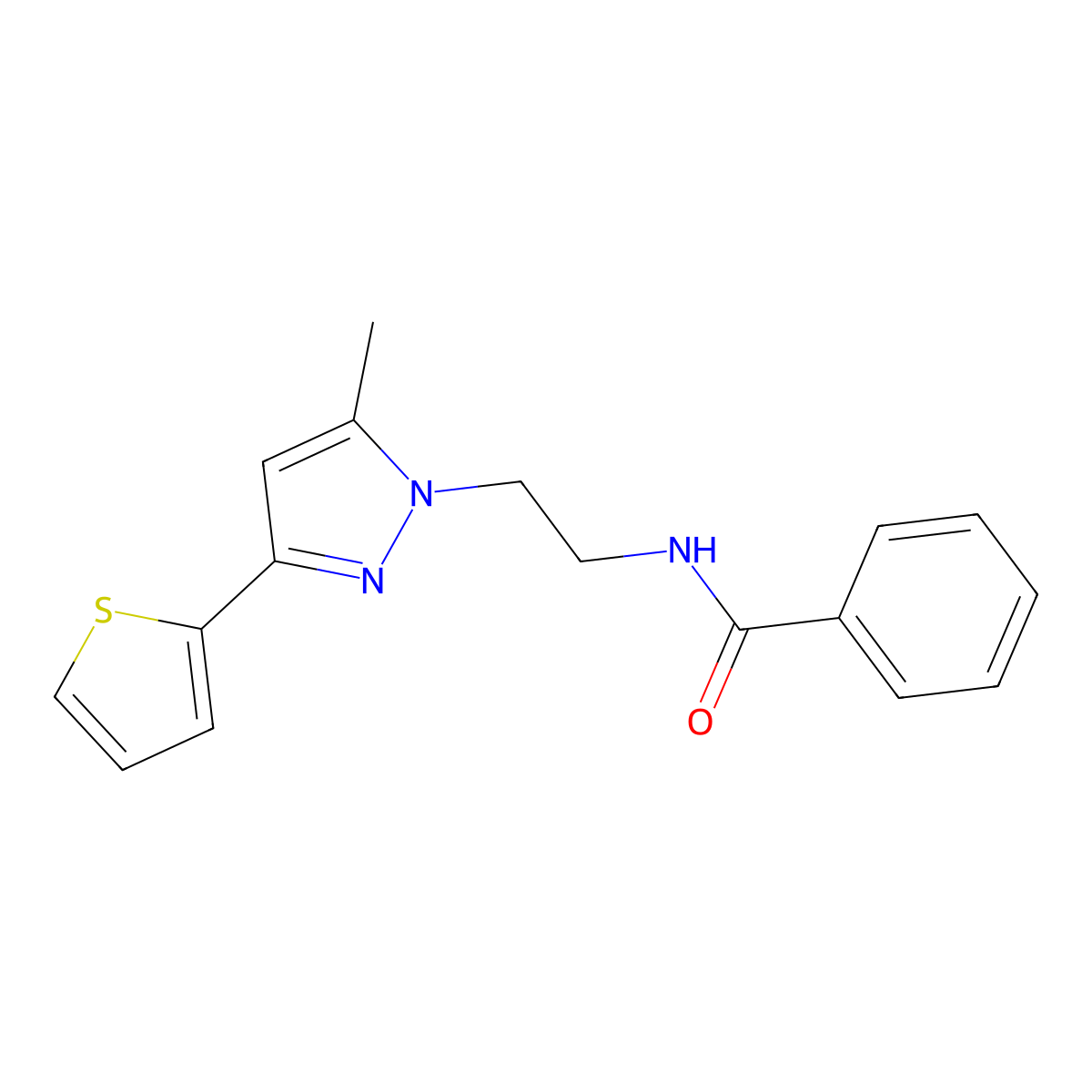 N-(2-(5-methyl-3-(thiophen-2-yl)-1H-pyrazol-1-yl)ethyl)benzamide molecular structure, CAS 2034585-00-5
