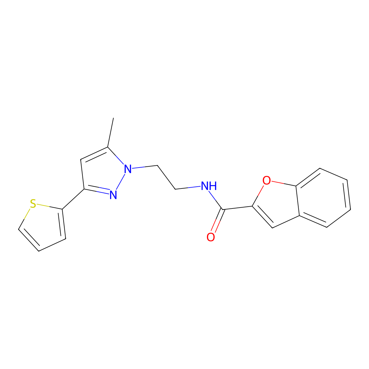 N-(2-(5-methyl-3-(thiophen-2-yl)-1H-pyrazol-1-yl)ethyl)benzofuran-2-carboxamide molecular structure, CAS 2034585-02-7