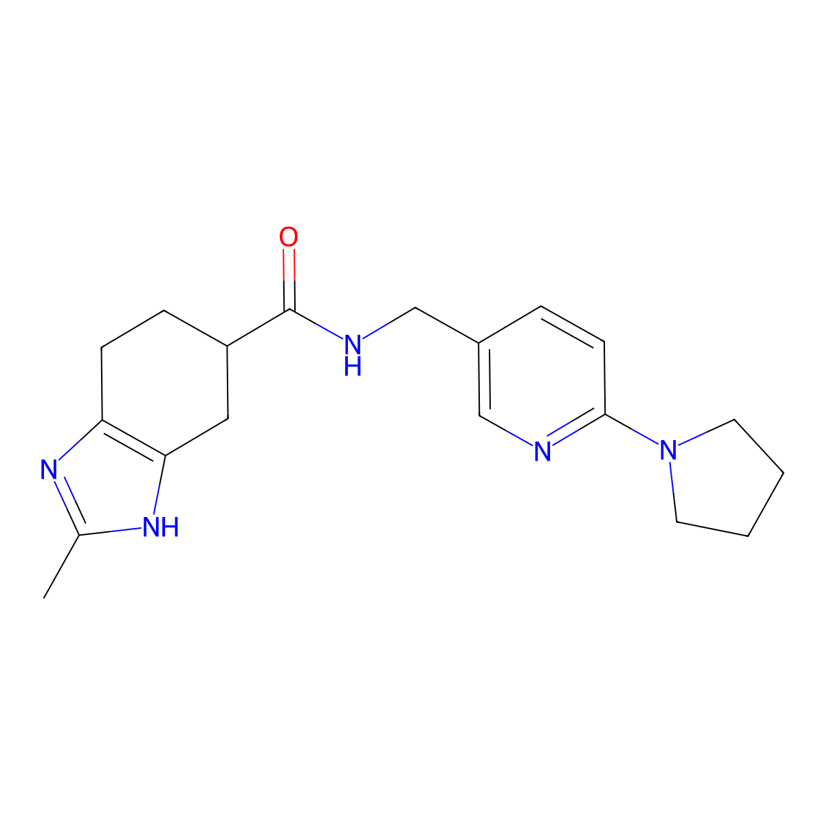 2-methyl-N-((6-(pyrrolidin-1-yl)pyridin-3-yl)methyl)-4,5,6,7-tetrahydro-1H-benzo[d]imidazole-5-carboxamide molecular structure, CAS 2034585-06-1