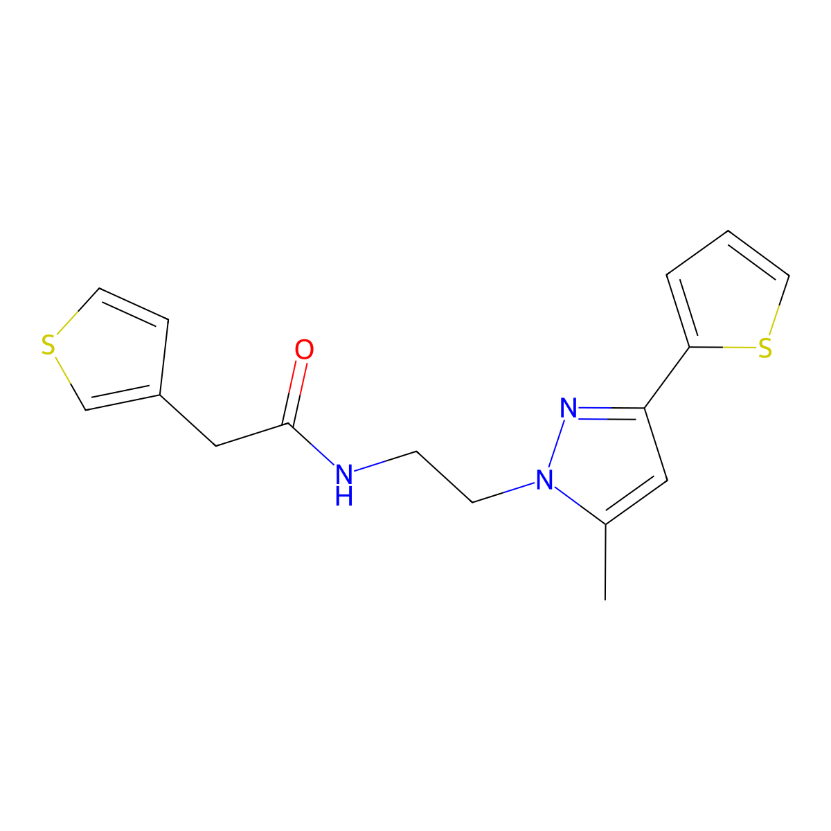 N-{2-[5-methyl-3-(thiophen-2-yl)-1H-pyrazol-1-yl]ethyl}-2-(thiophen-3-yl)acetamide molecular structure, CAS 2034585-10-7