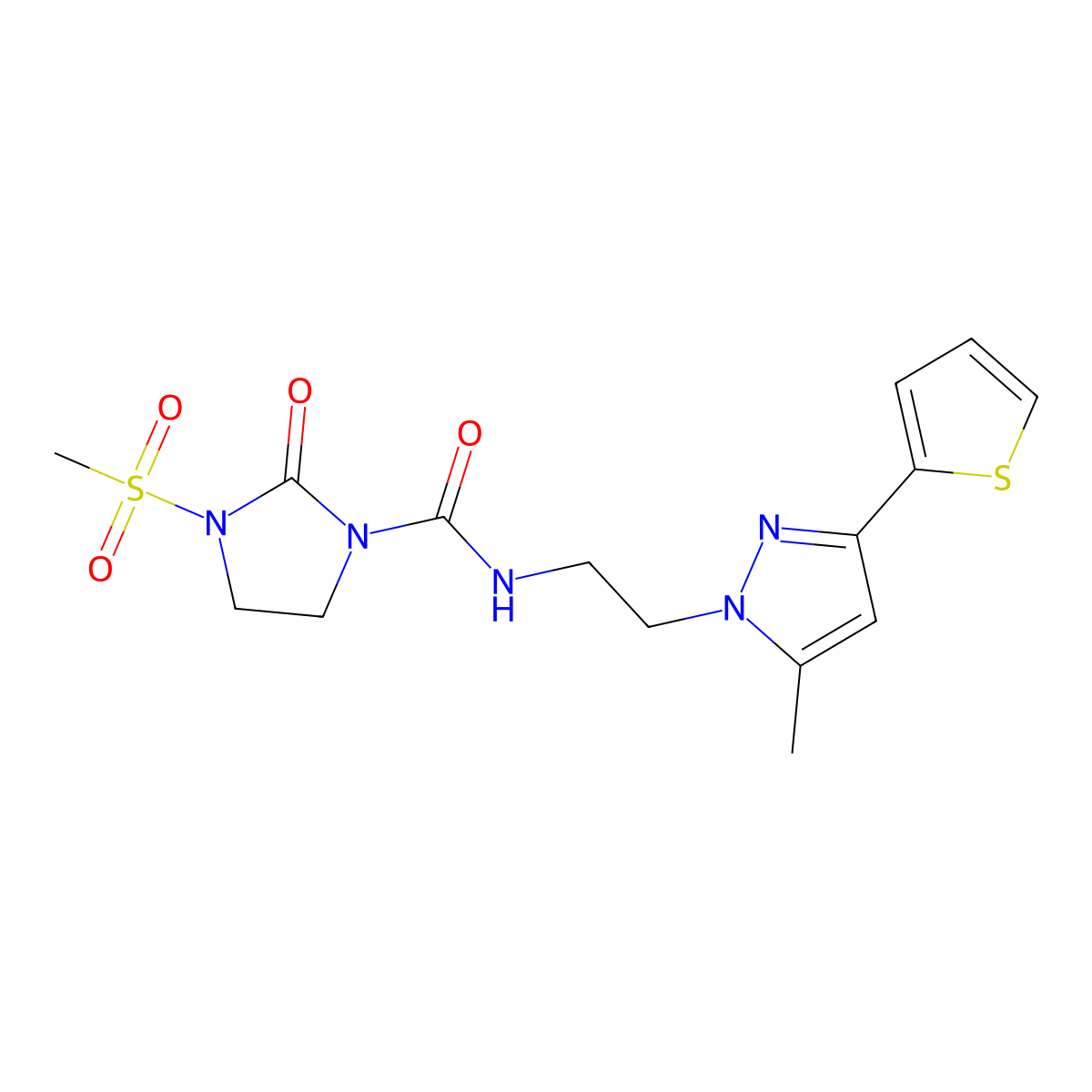 N-(2-(5-methyl-3-(thiophen-2-yl)-1H-pyrazol-1-yl)ethyl)-3-(methylsulfonyl)-2-oxoimidazolidine-1-carboxamide molecular structure, CAS 2034585-14-1