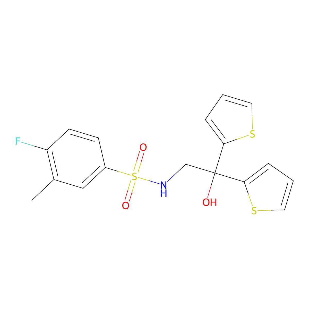 4-fluoro-N-(2-hydroxy-2,2-di(thiophen-2-yl)ethyl)-3-methylbenzenesulfonamide molecular structure, CAS 2034585-16-3