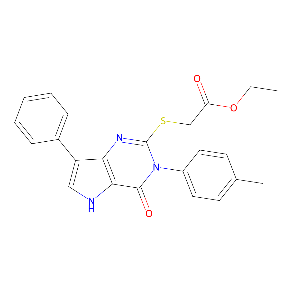 ethyl 2-((4-oxo-7-phenyl-3-(p-tolyl)-4,5-dihydro-3H-pyrrolo[3,2-d]pyrimidin-2-yl)thio)acetate molecular structure, CAS 2034585-21-0