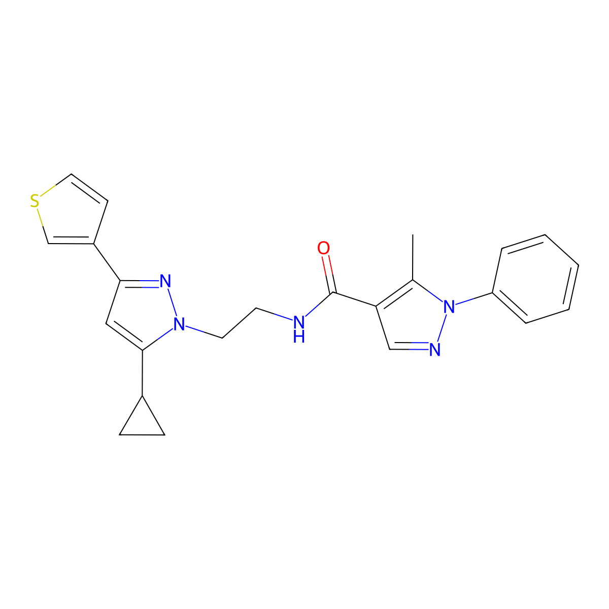 N-(2-(5-cyclopropyl-3-(thiophen-3-yl)-1H-pyrazol-1-yl)ethyl)-5-methyl-1-phenyl-1H-pyrazole-4-carboxamide molecular structure, CAS 2034585-23-2
