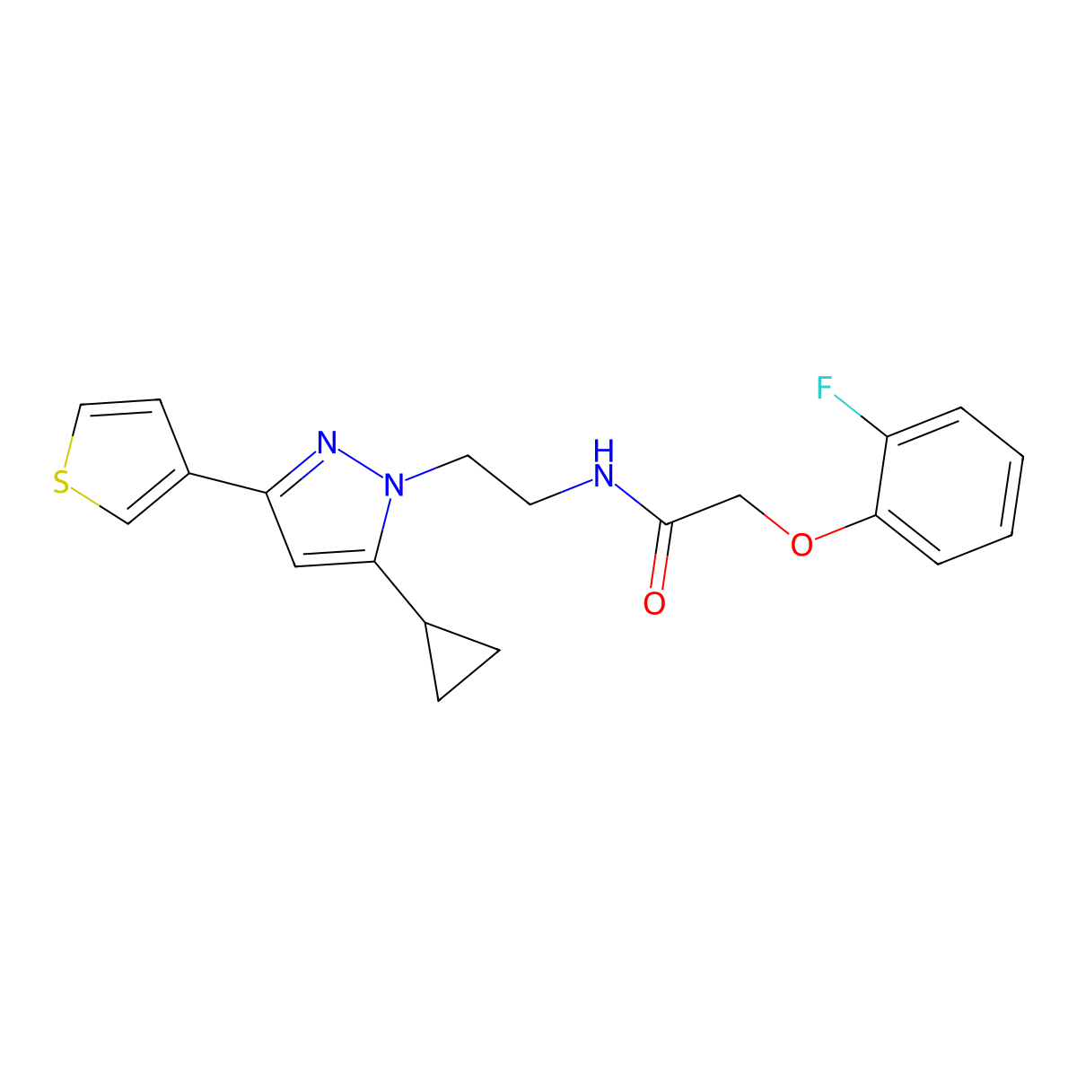 N-(2-(5-cyclopropyl-3-(thiophen-3-yl)-1H-pyrazol-1-yl)ethyl)-2-(2-fluorophenoxy)acetamide molecular structure, CAS 2034585-28-7