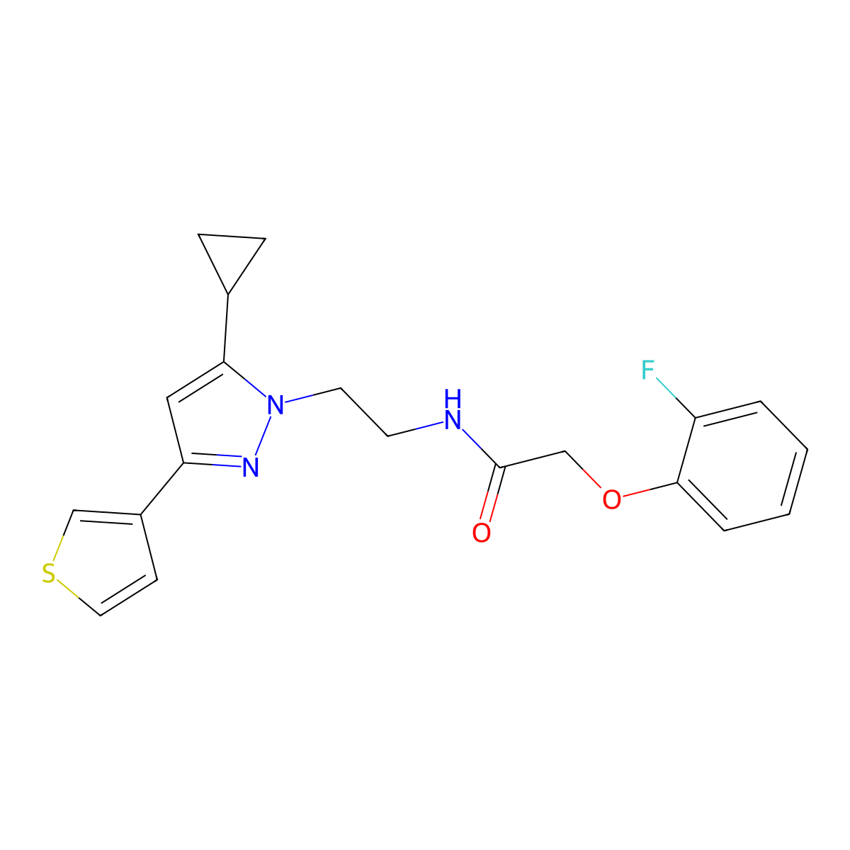 N-(2-(5-cyclopropyl-3-(thiophen-3-yl)-1H-pyrazol-1-yl)ethyl)-2-(2-fluorophenoxy)acetamide molecular structure, CAS 2034585-28-7