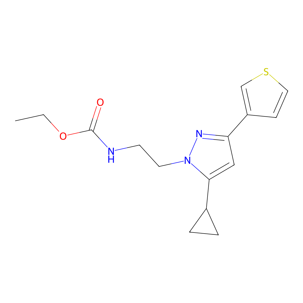 ethyl (2-(5-cyclopropyl-3-(thiophen-3-yl)-1H-pyrazol-1-yl)ethyl)carbamate molecular structure, CAS 2034585-34-5