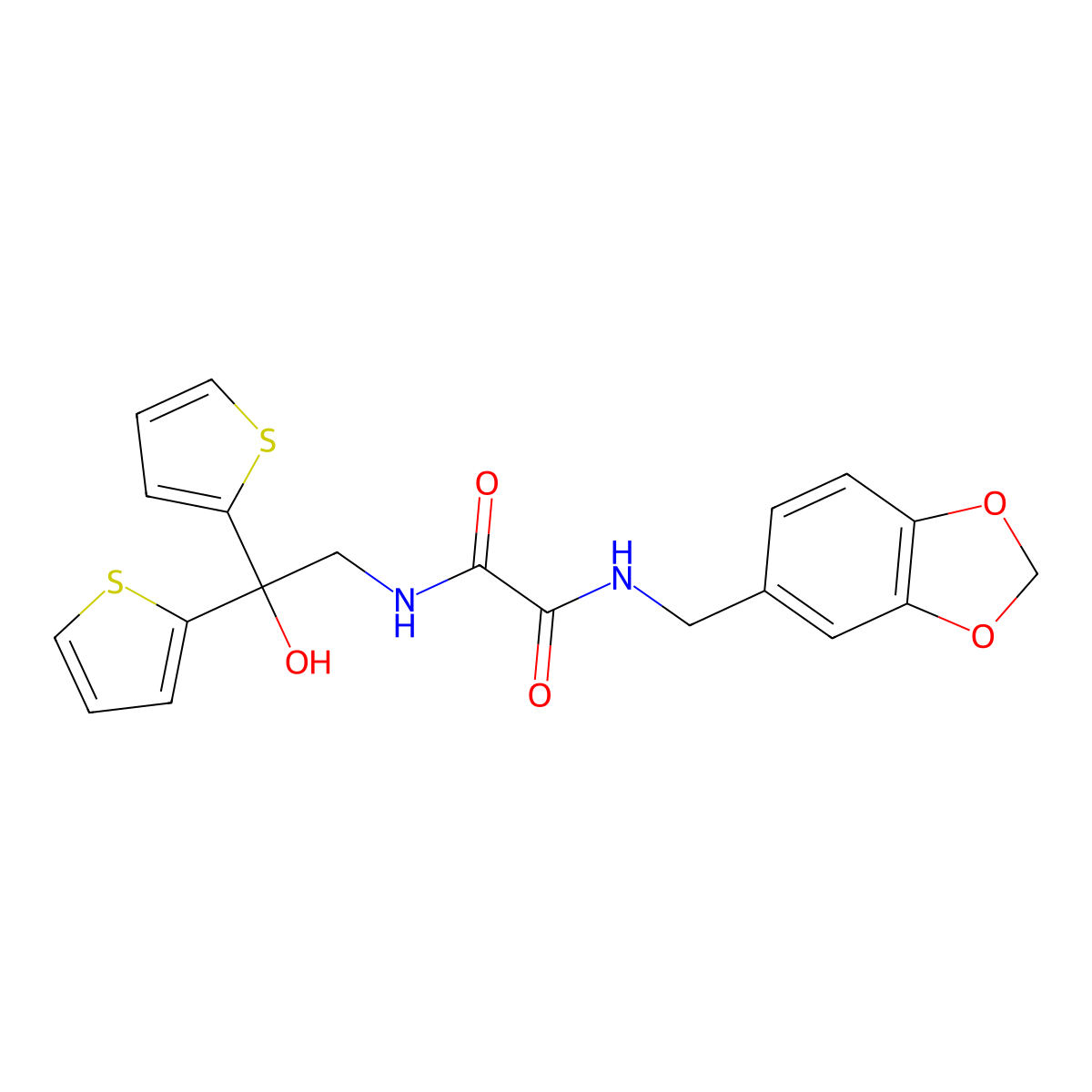 N1-(benzo[d][1,3]dioxol-5-ylmethyl)-N2-(2-hydroxy-2,2-di(thiophen-2-yl)ethyl)oxalamide molecular structure, CAS 2034585-40-3