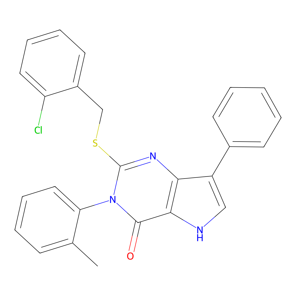 2-{[(2-chlorophenyl)methyl]sulfanyl}-3-(2-methylphenyl)-7-phenyl-3H,4H,5H-pyrrolo[3,2-d]pyrimidin-4-one molecular structure, CAS 2034585-41-4