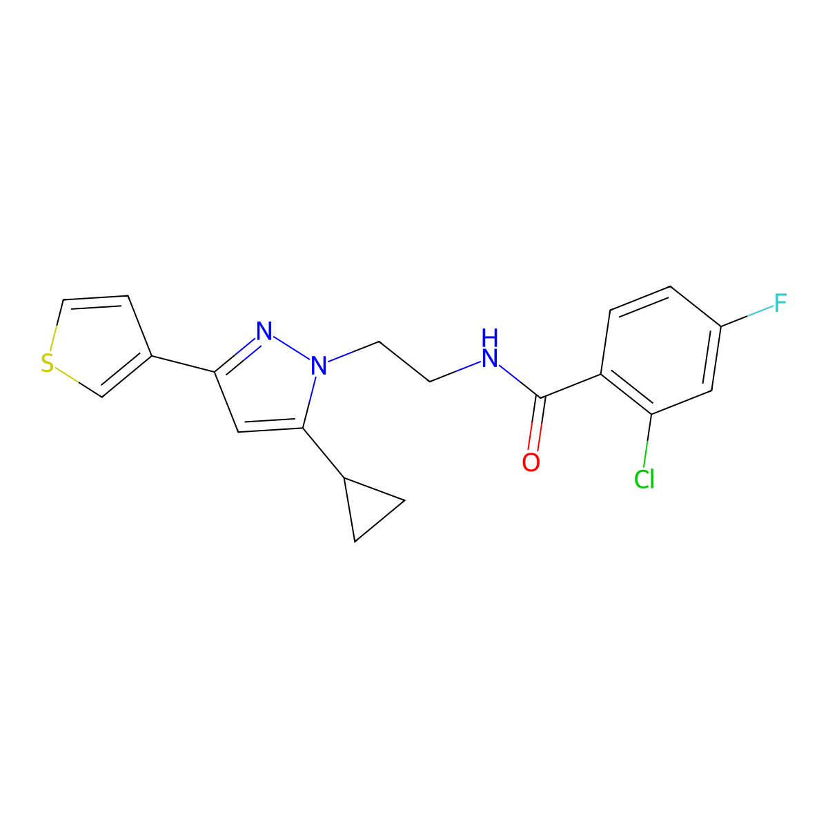 2-chloro-N-{2-[5-cyclopropyl-3-(thiophen-3-yl)-1H-pyrazol-1-yl]ethyl}-4-fluorobenzamide molecular structure, CAS 2034585-42-5