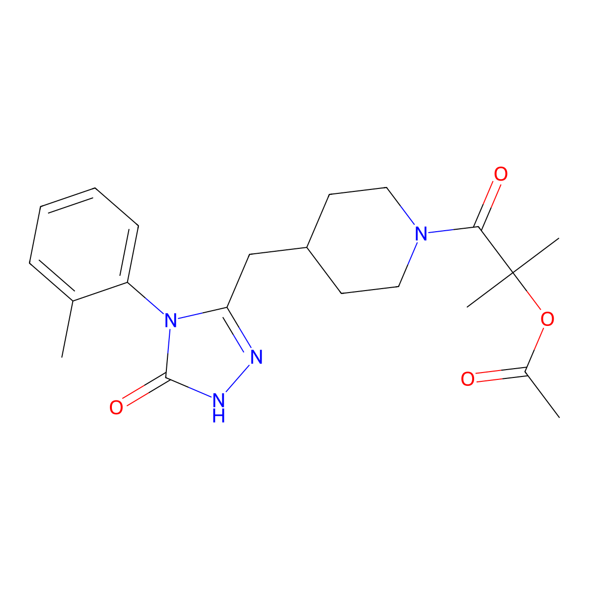 2-methyl-1-oxo-1-(4-((5-oxo-4-(o-tolyl)-4,5-dihydro-1H-1,2,4-triazol-3-yl)methyl)piperidin-1-yl)propan-2-yl acetate molecular structure, CAS 2034585-43-6