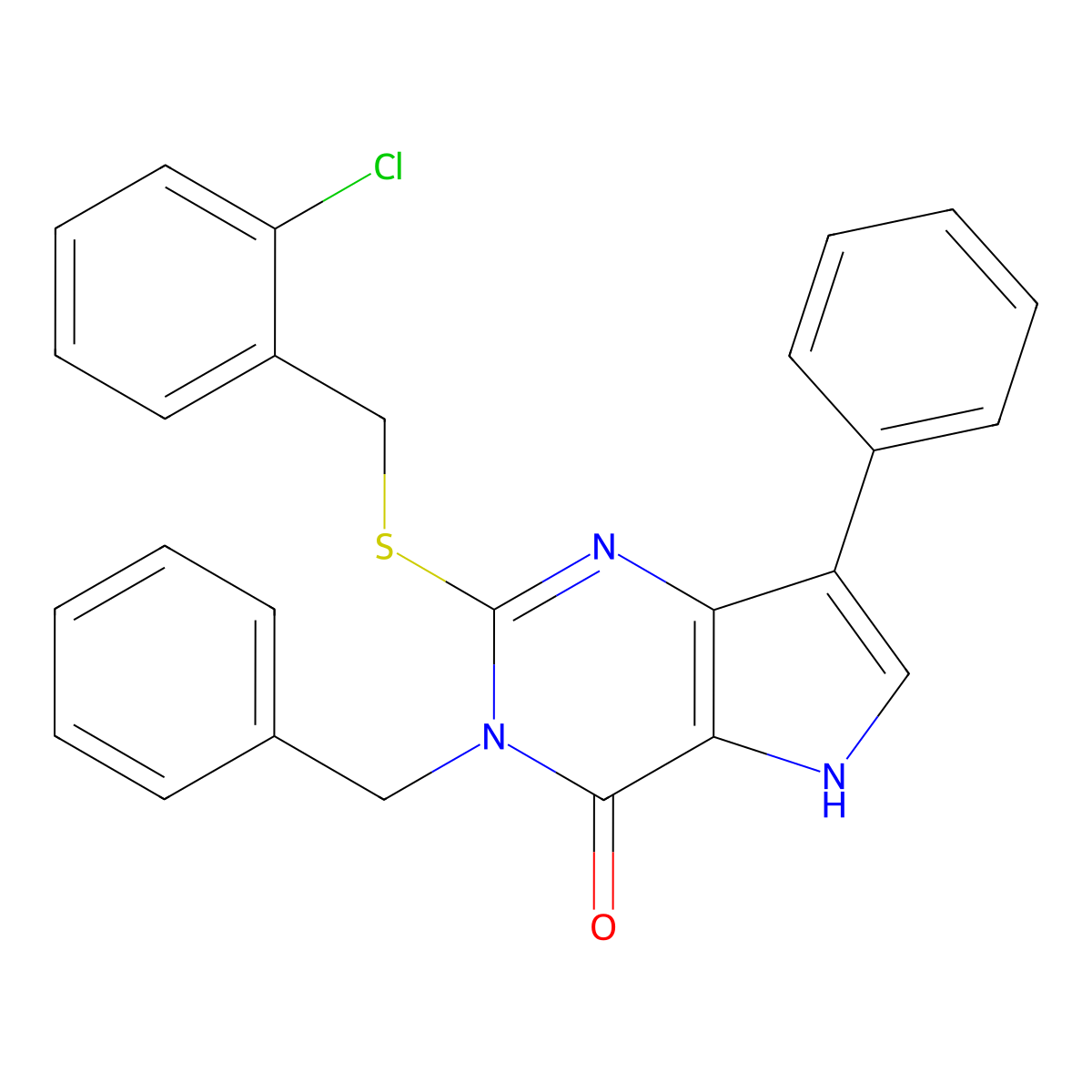 3-benzyl-2-((2-chlorobenzyl)thio)-7-phenyl-3H-pyrrolo[3,2-d]pyrimidin-4(5H)-one molecular structure, CAS 2034585-49-2