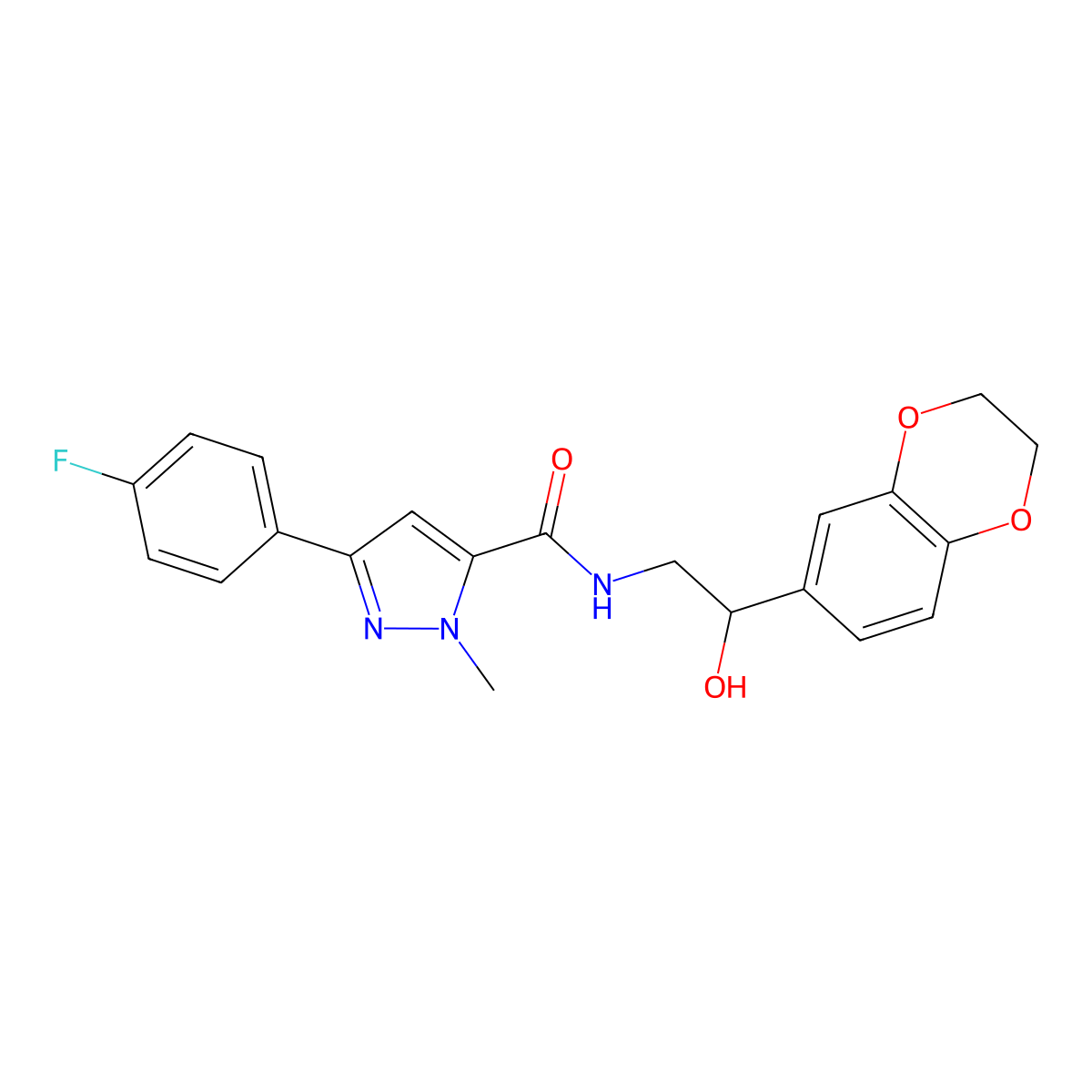 N-(2-(2,3-dihydrobenzo[b][1,4]dioxin-6-yl)-2-hydroxyethyl)-3-(4-fluorophenyl)-1-methyl-1H-pyrazole-5-carboxamide molecular structure, CAS 2034585-55-0