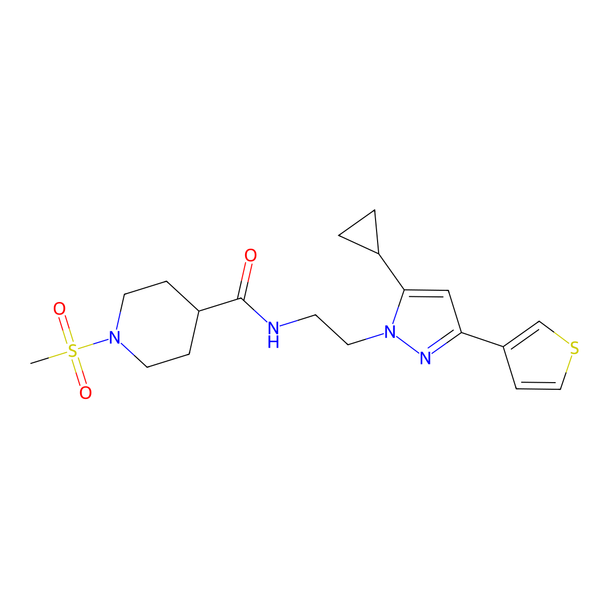 N-(2-(5-cyclopropyl-3-(thiophen-3-yl)-1H-pyrazol-1-yl)ethyl)-1-(methylsulfonyl)piperidine-4-carboxamide molecular structure, CAS 2034585-62-9