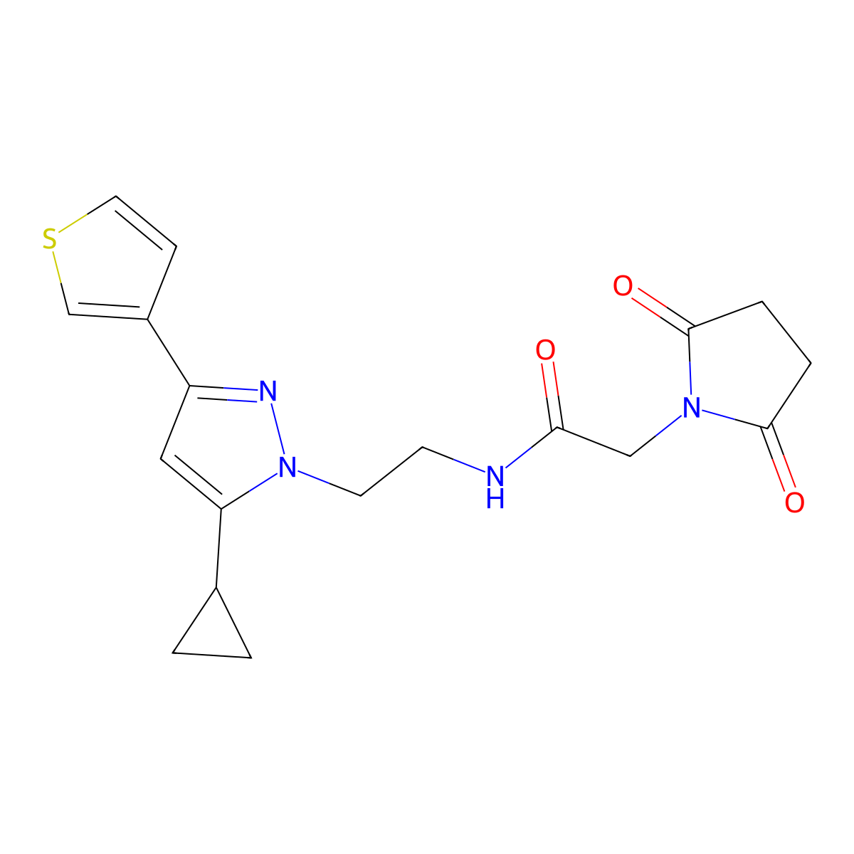 N-{2-[5-cyclopropyl-3-(thiophen-3-yl)-1H-pyrazol-1-yl]ethyl}-2-(2,5-dioxopyrrolidin-1-yl)acetamide molecular structure, CAS 2034585-70-9