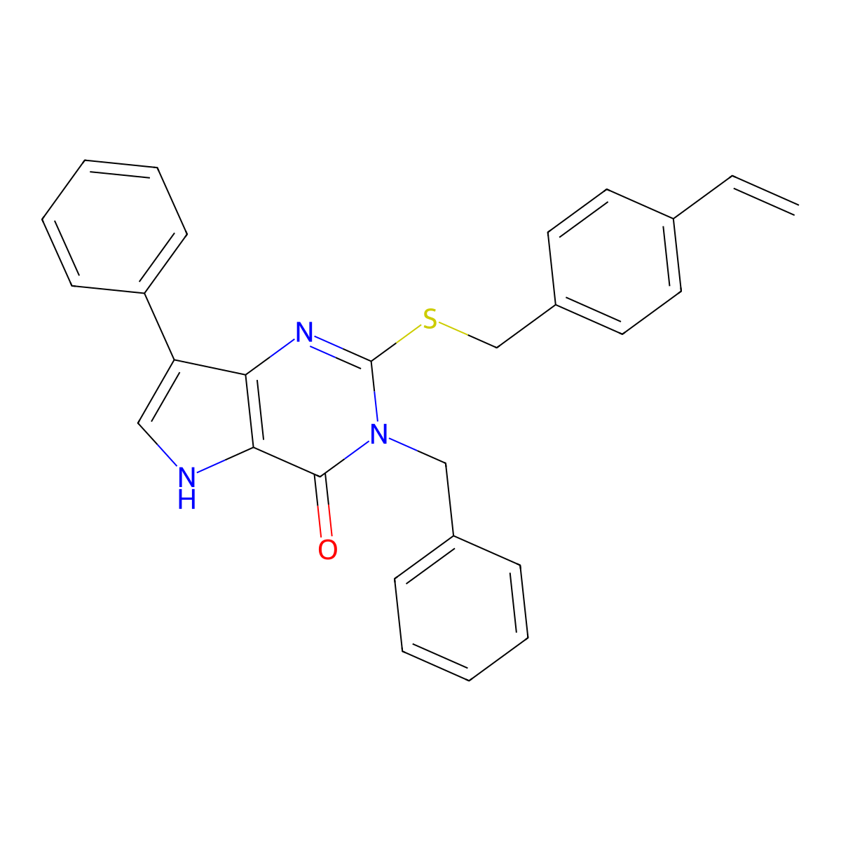 3-benzyl-7-phenyl-2-((4-vinylbenzyl)thio)-3H-pyrrolo[3,2-d]pyrimidin-4(5H)-one molecular structure, CAS 2034585-72-1