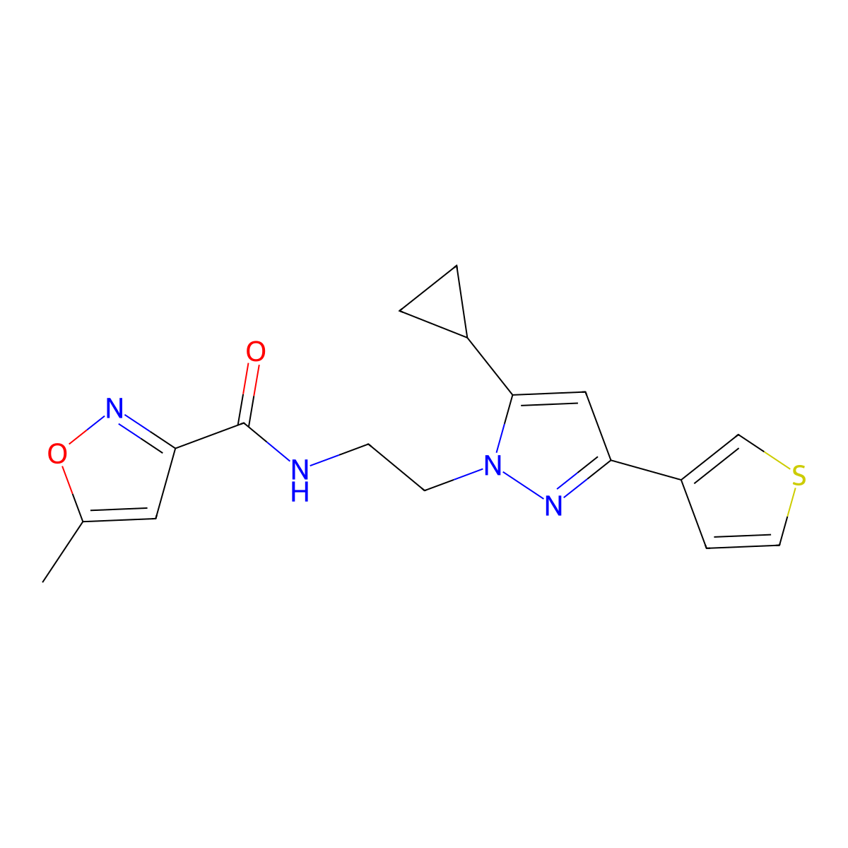N-(2-(5-cyclopropyl-3-(thiophen-3-yl)-1H-pyrazol-1-yl)ethyl)-5-methylisoxazole-3-carboxamide molecular structure, CAS 2034585-80-1