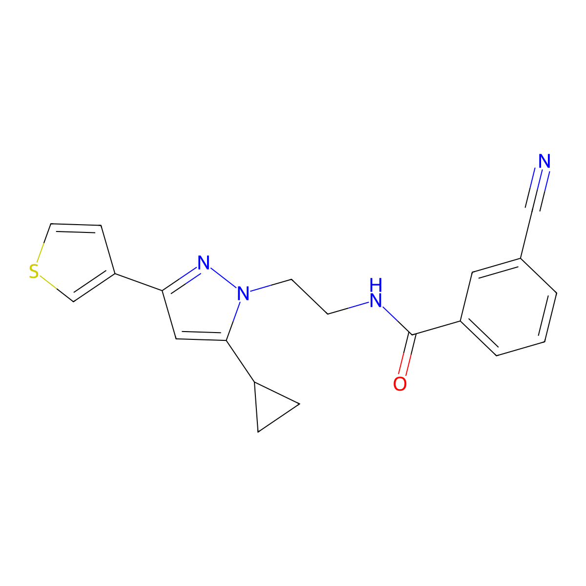 3-cyano-N-(2-(5-cyclopropyl-3-(thiophen-3-yl)-1H-pyrazol-1-yl)ethyl)benzamide molecular structure, CAS 2034585-88-9