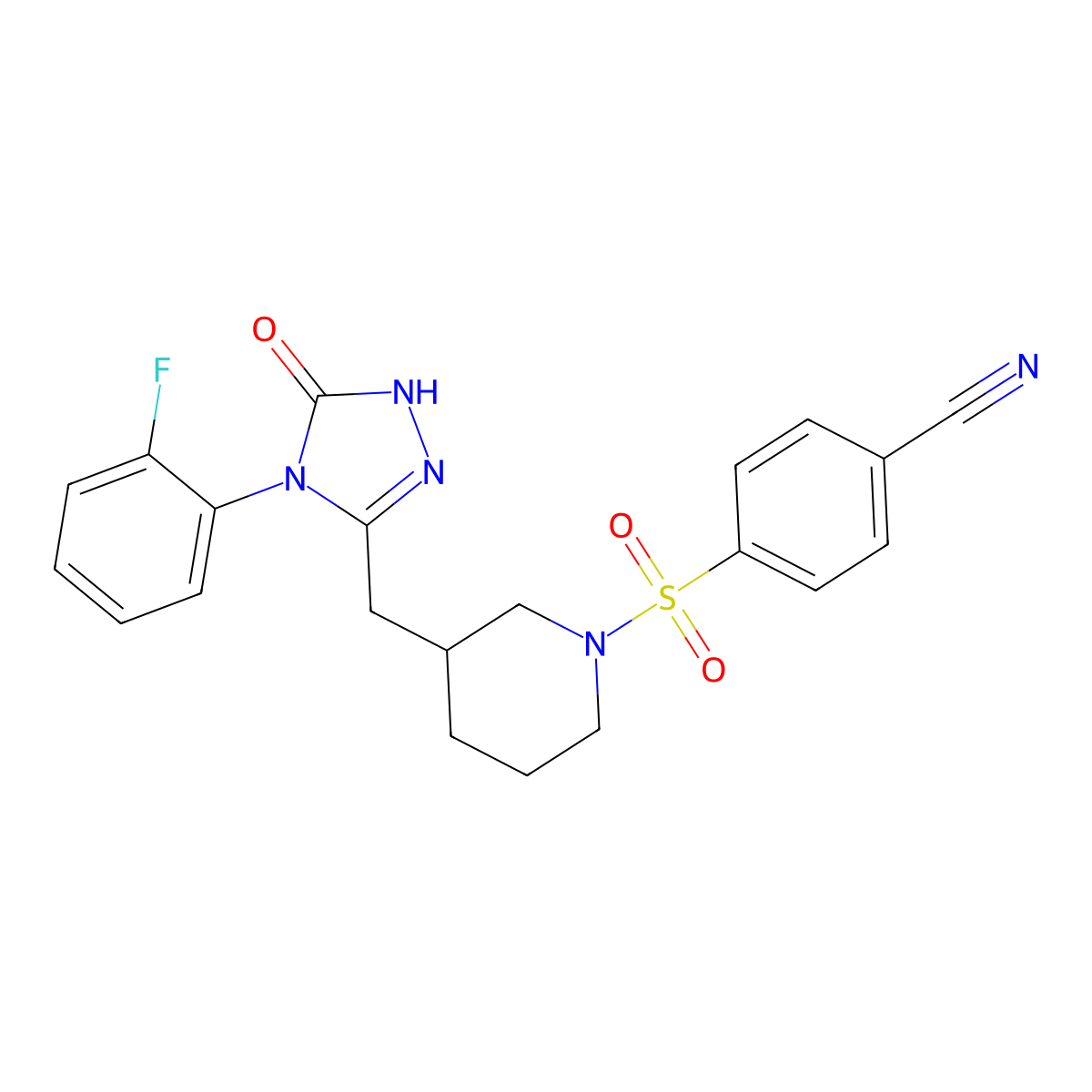 4-((3-((4-(2-fluorophenyl)-5-oxo-4,5-dihydro-1H-1,2,4-triazol-3-yl)methyl)piperidin-1-yl)sulfonyl)benzonitrile molecular structure, CAS 2034585-94-7