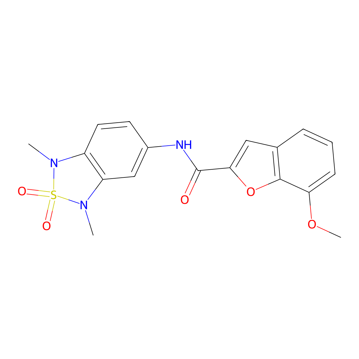 N-(1,3-dimethyl-2,2-dioxido-1,3-dihydrobenzo[c][1,2,5]thiadiazol-5-yl)-7-methoxybenzofuran-2-carboxamide molecular structure, CAS 2034585-95-8