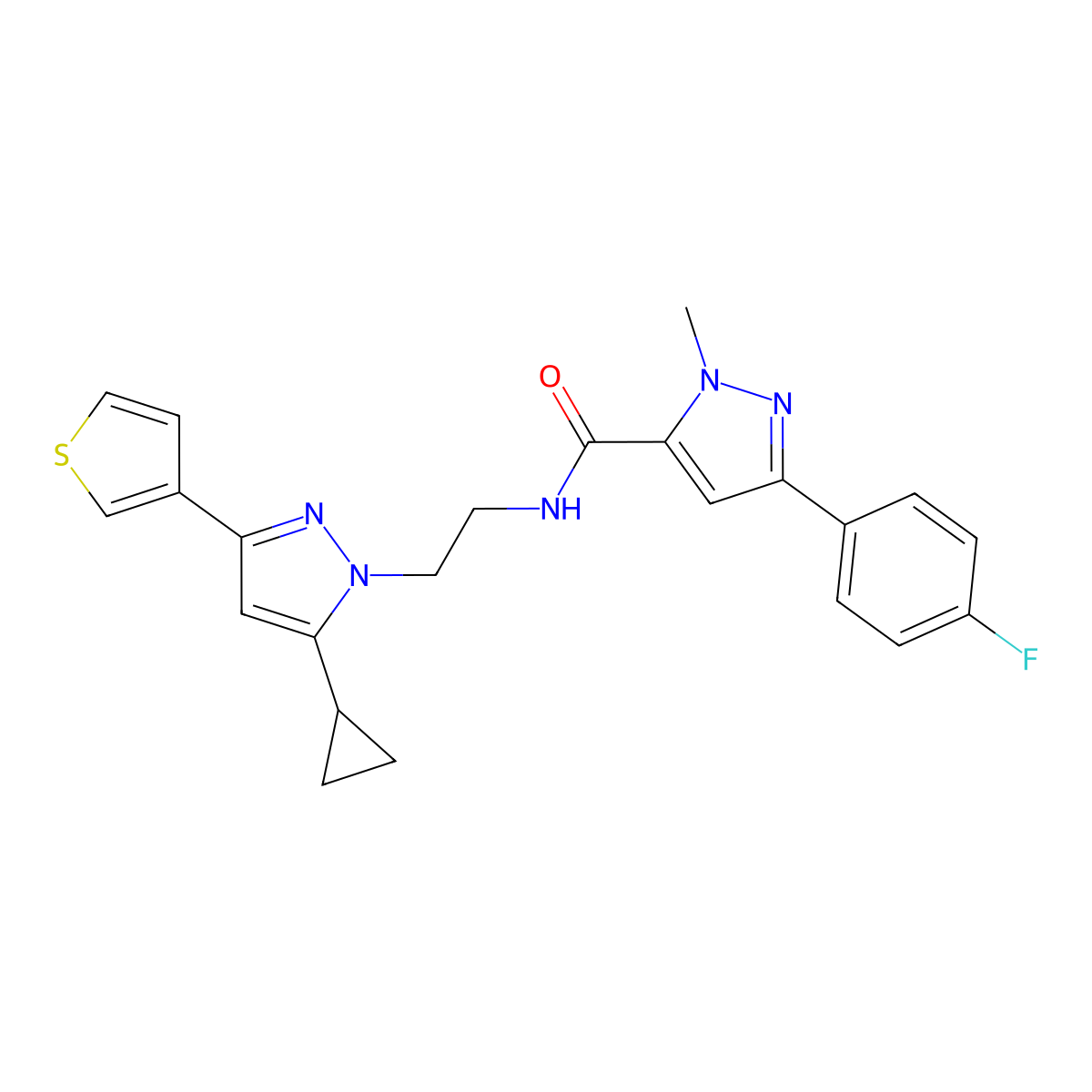 N-{2-[5-cyclopropyl-3-(thiophen-3-yl)-1H-pyrazol-1-yl]ethyl}-3-(4-fluorophenyl)-1-methyl-1H-pyrazole-5-carboxamide molecular structure, CAS 2034585-97-0