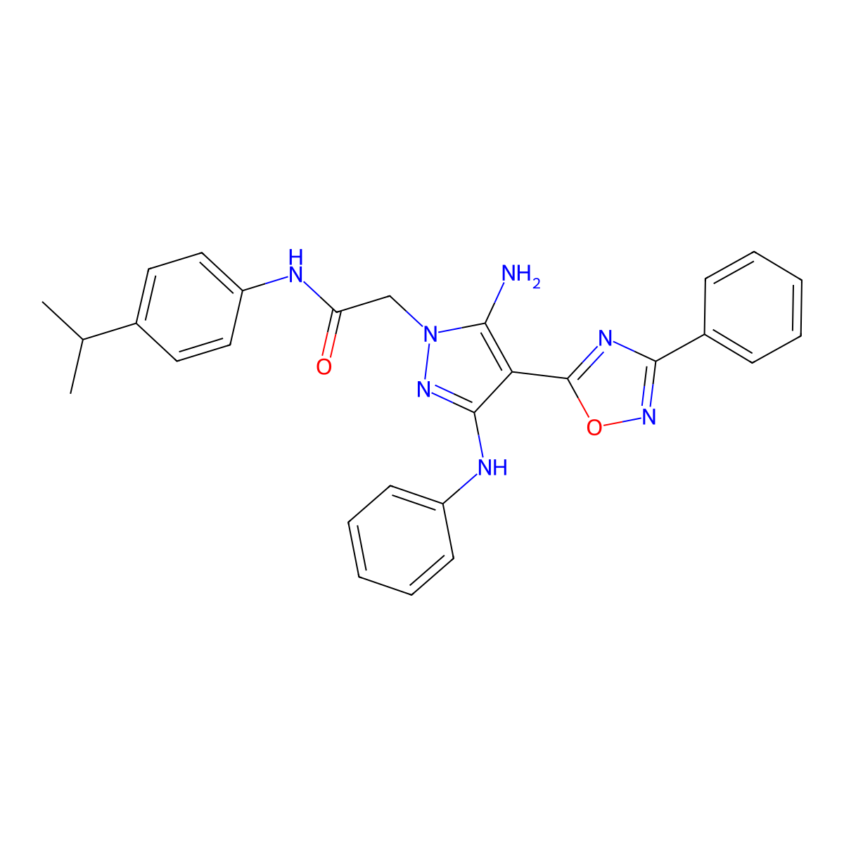 2-(5-amino-4-(3-phenyl-1,2,4-oxadiazol-5-yl)-3-(phenylamino)-1H-pyrazol-1-yl)-N-(4-isopropylphenyl)acetamide molecular structure, CAS 2034585-99-2