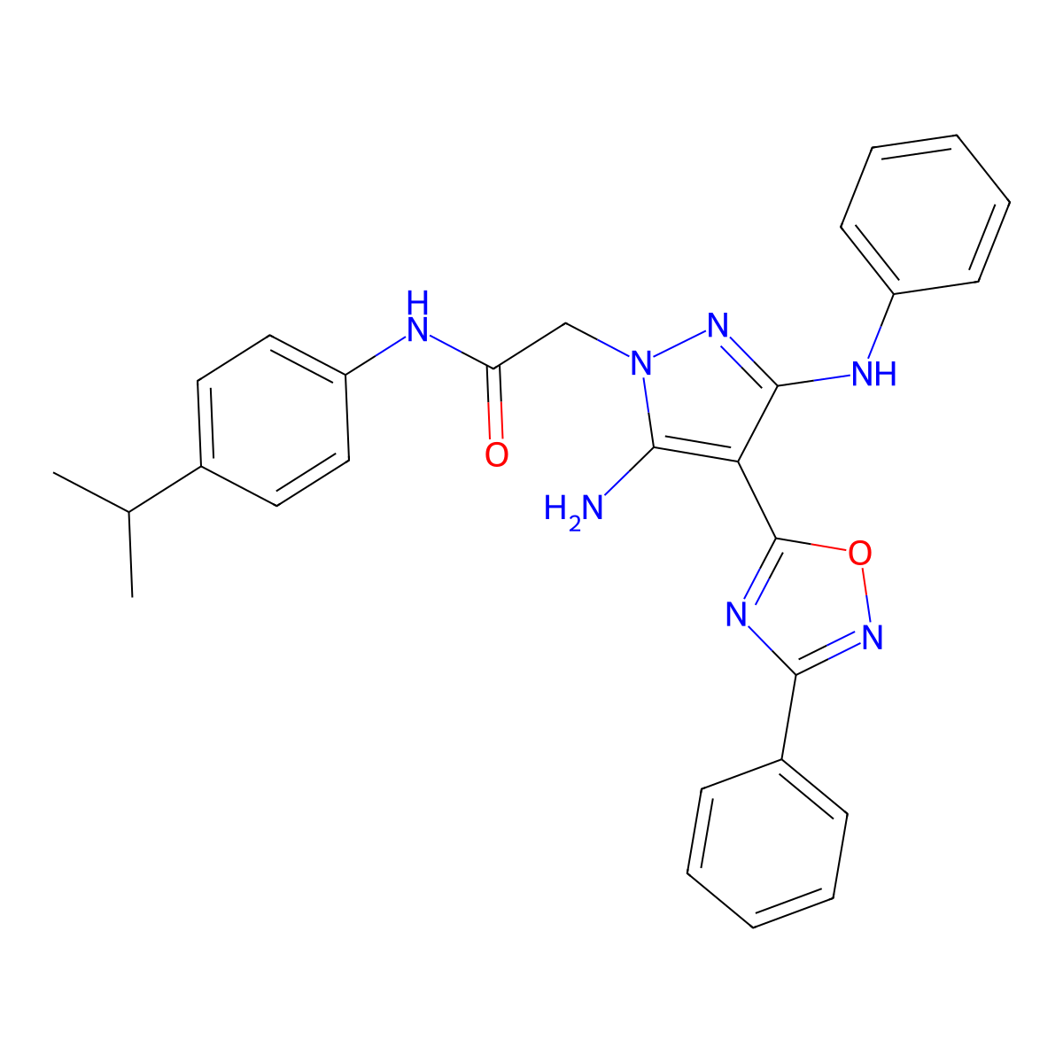2-(5-amino-4-(3-phenyl-1,2,4-oxadiazol-5-yl)-3-(phenylamino)-1H-pyrazol-1-yl)-N-(4-isopropylphenyl)acetamide molecular structure, CAS 2034585-99-2