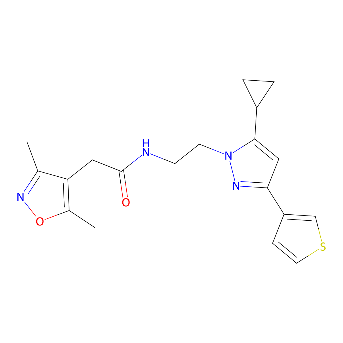 N-(2-(5-cyclopropyl-3-(thiophen-3-yl)-1H-pyrazol-1-yl)ethyl)-2-(3,5-dimethylisoxazol-4-yl)acetamide molecular structure, CAS 2034586-09-7