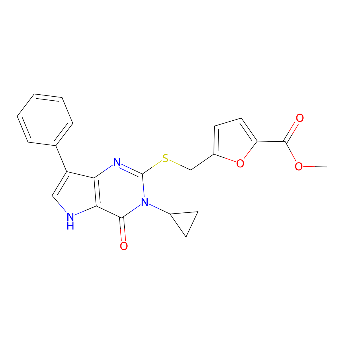 methyl 5-(((3-cyclopropyl-4-oxo-7-phenyl-4,5-dihydro-3H-pyrrolo[3,2-d]pyrimidin-2-yl)thio)methyl)furan-2-carboxylate molecular structure, CAS 2034586-25-7