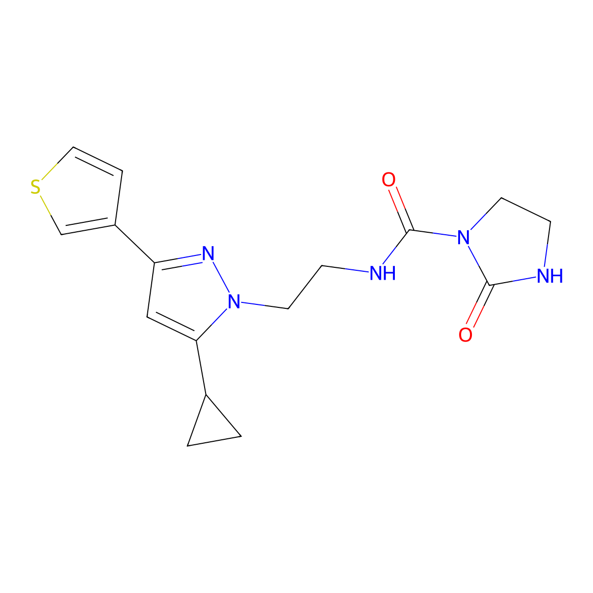 N-(2-(5-cyclopropyl-3-(thiophen-3-yl)-1H-pyrazol-1-yl)ethyl)-2-oxoimidazolidine-1-carboxamide molecular structure, CAS 2034586-34-8