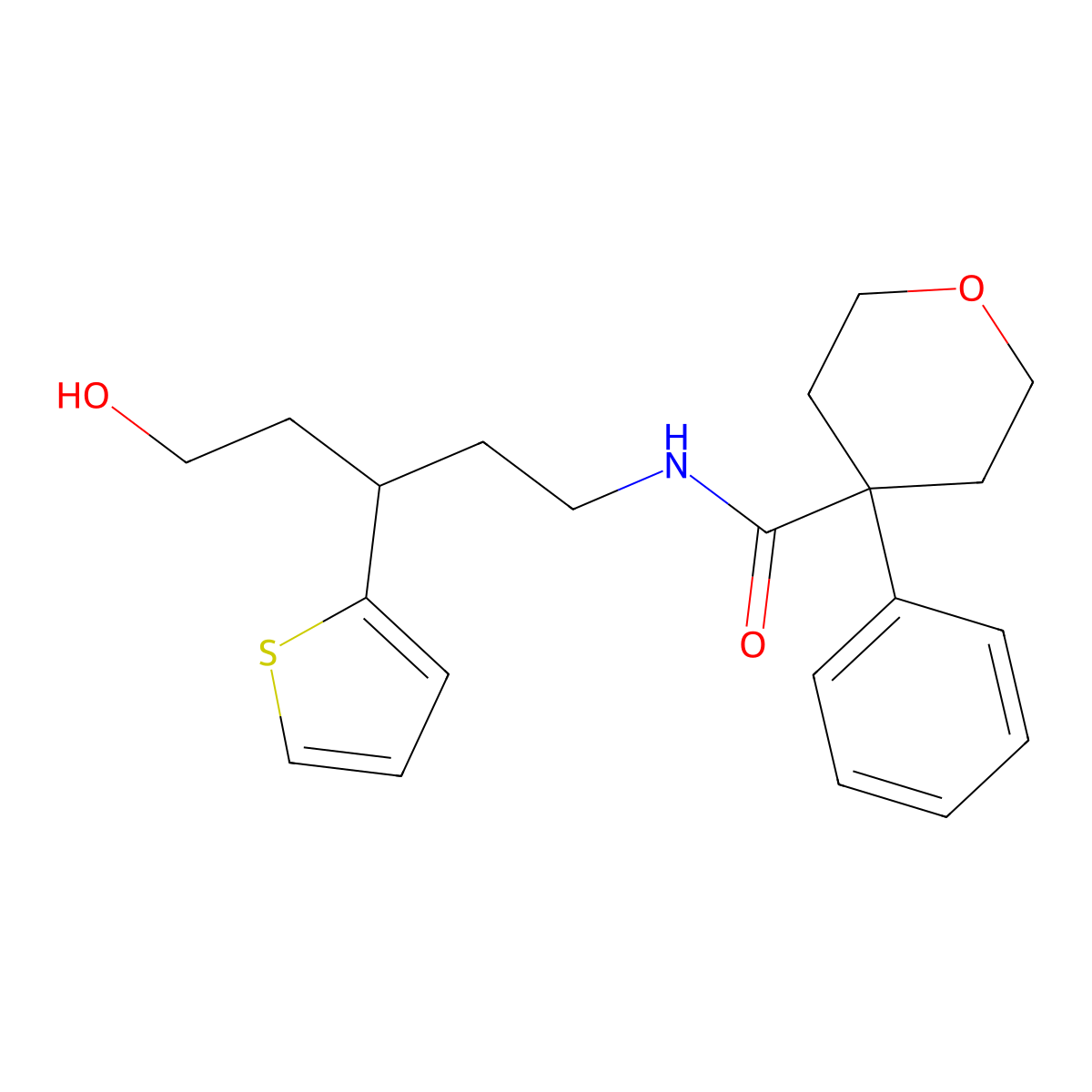 N-(5-hydroxy-3-(thiophen-2-yl)pentyl)-4-phenyltetrahydro-2H-pyran-4-carboxamide molecular structure, CAS 2034586-37-1