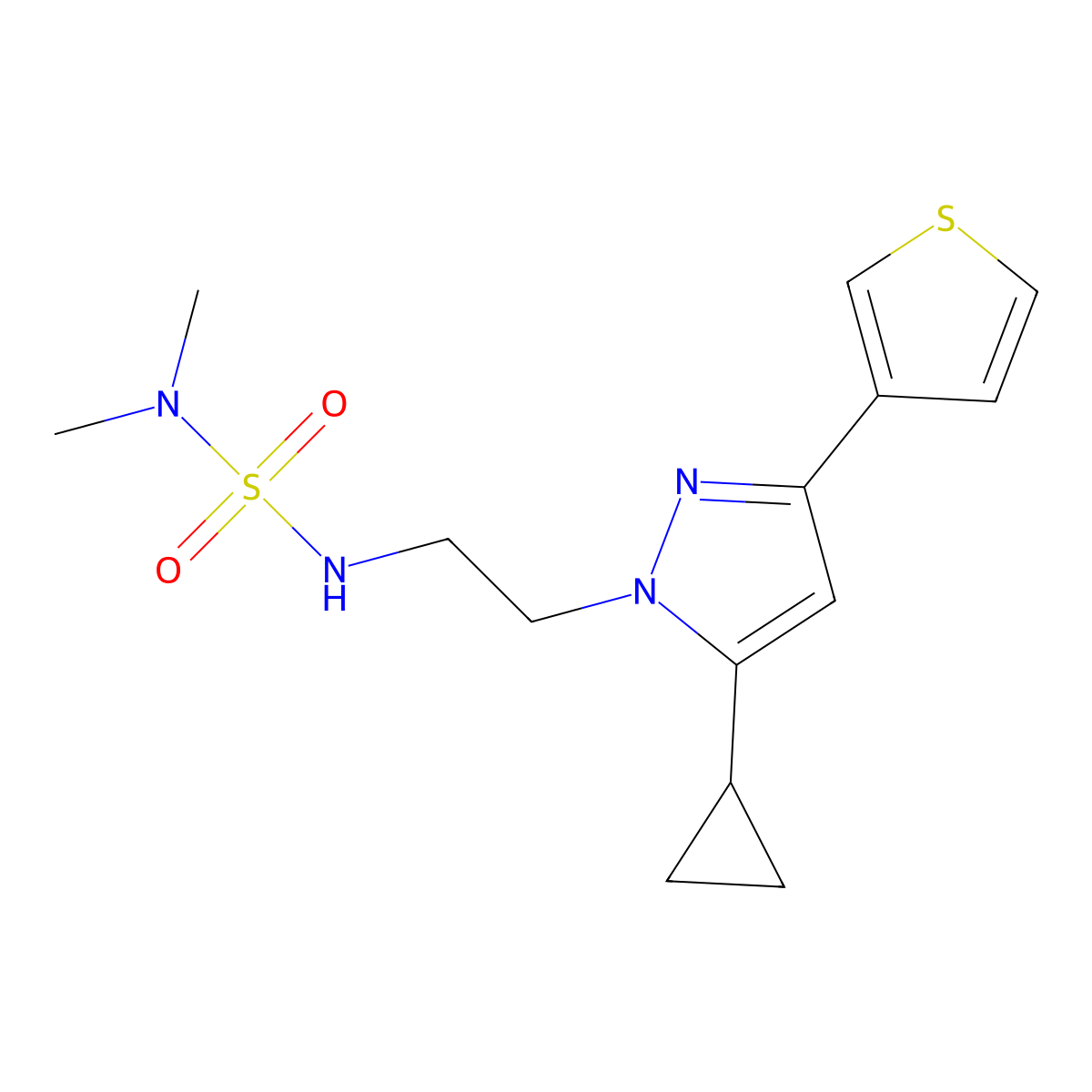 5-Cyclopropyl-1-[2-(dimethylsulfamoylamino)ethyl]-3-thiophen-3-ylpyrazole molecular structure, CAS 2034586-43-9