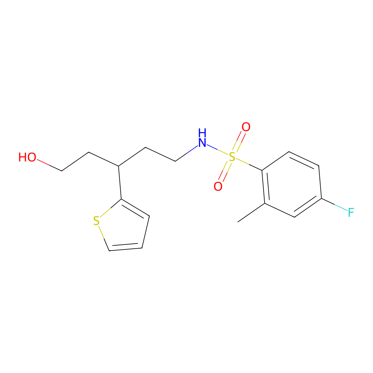 4-fluoro-N-(5-hydroxy-3-(thiophen-2-yl)pentyl)-2-methylbenzenesulfonamide molecular structure, CAS 2034586-54-2