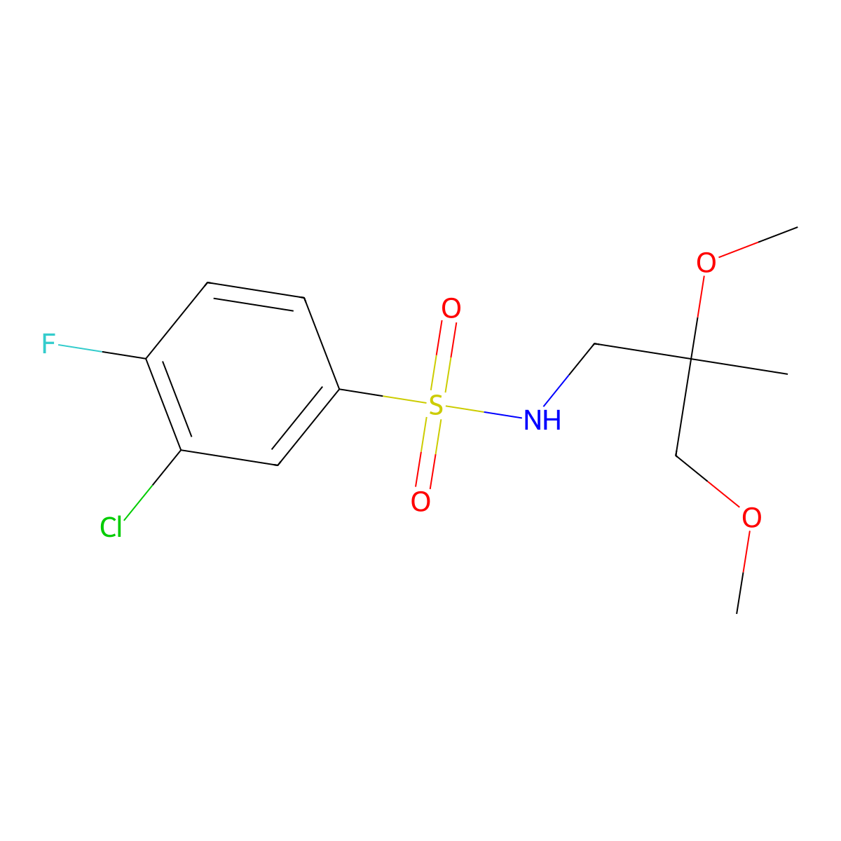 3-chloro-N-(2,3-dimethoxy-2-methylpropyl)-4-fluorobenzenesulfonamide molecular structure, CAS 2034586-62-2
