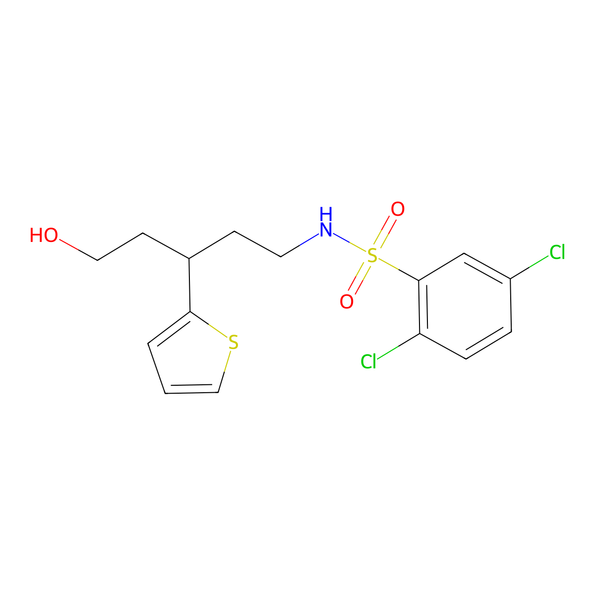 2,5-dichloro-N-(5-hydroxy-3-(thiophen-2-yl)pentyl)benzenesulfonamide molecular structure, CAS 2034586-76-8