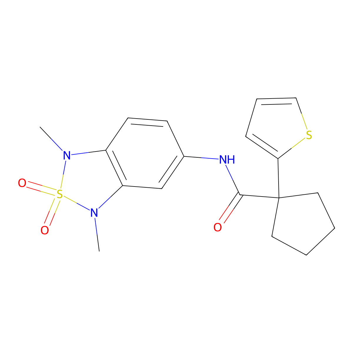 N-(1,3-dimethyl-2,2-dioxido-1,3-dihydrobenzo[c][1,2,5]thiadiazol-5-yl)-1-(thiophen-2-yl)cyclopentanecarboxamide molecular structure, CAS 2034587-13-6