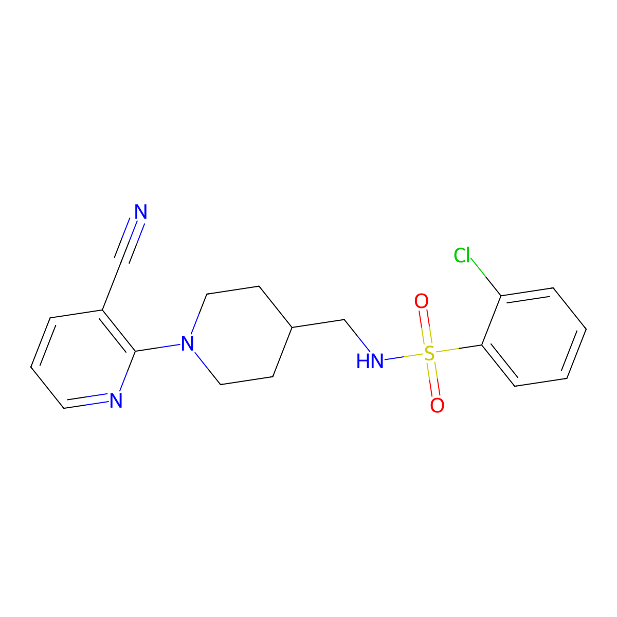 2-chloro-N-((1-(3-cyanopyridin-2-yl)piperidin-4-yl)methyl)benzenesulfonamide molecular structure, CAS 2034587-18-1