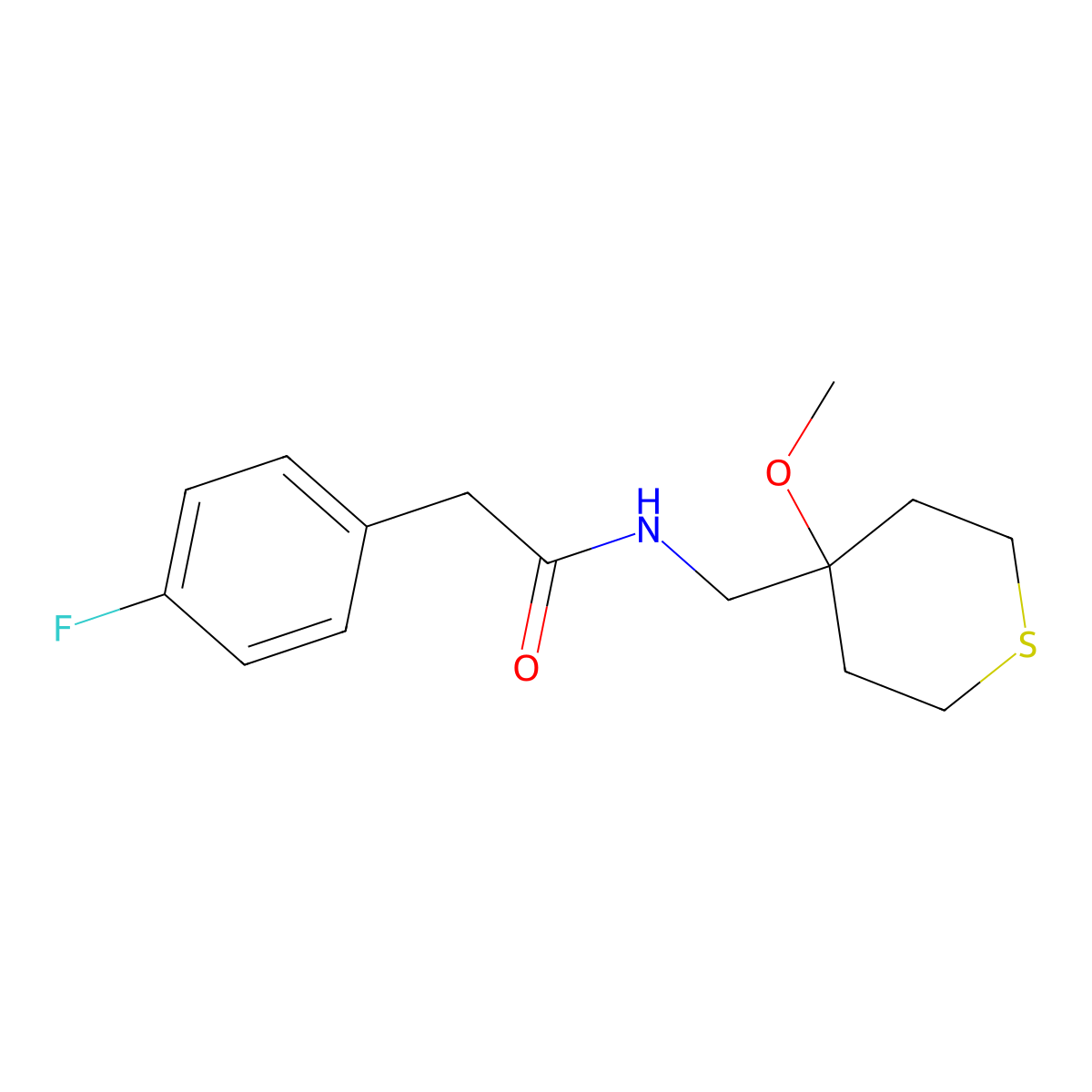 2-(4-fluorophenyl)-N-((4-methoxytetrahydro-2H-thiopyran-4-yl)methyl)acetamide molecular structure, CAS 2034587-39-6