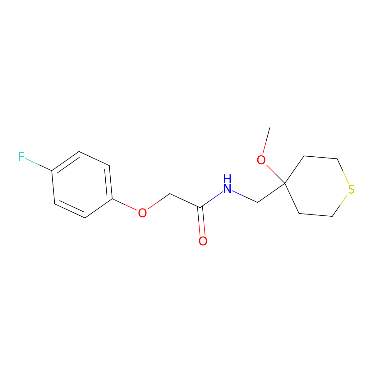 2-(4-fluorophenoxy)-N-((4-methoxytetrahydro-2H-thiopyran-4-yl)methyl)acetamide molecular structure, CAS 2034587-52-3