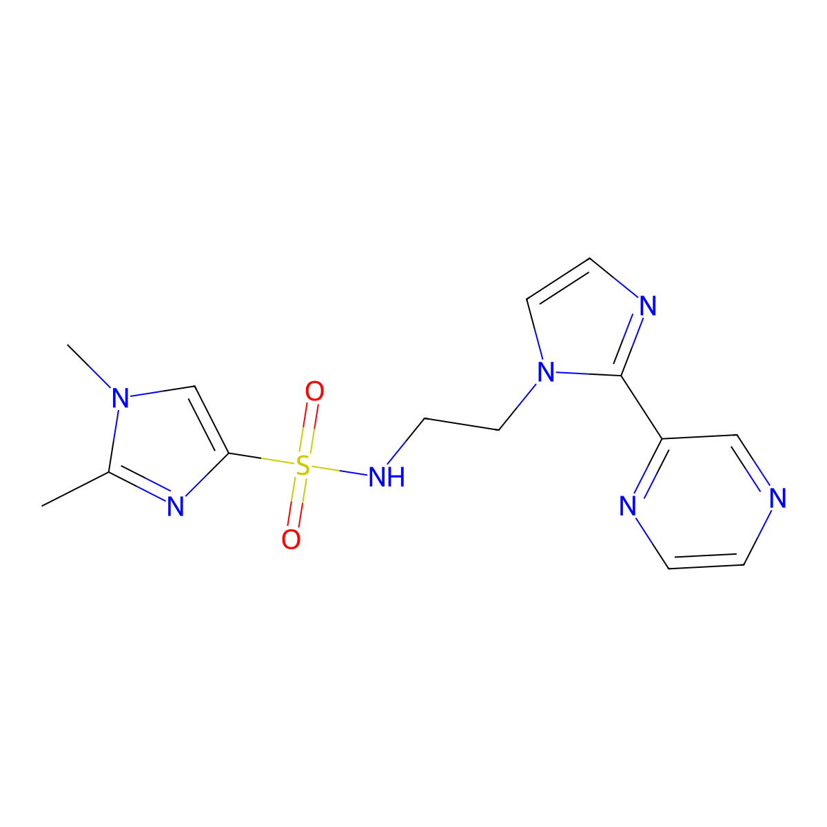 1,2-dimethyl-N-(2-(2-(pyrazin-2-yl)-1H-imidazol-1-yl)ethyl)-1H-imidazole-4-sulfonamide molecular structure, CAS 2034587-61-4