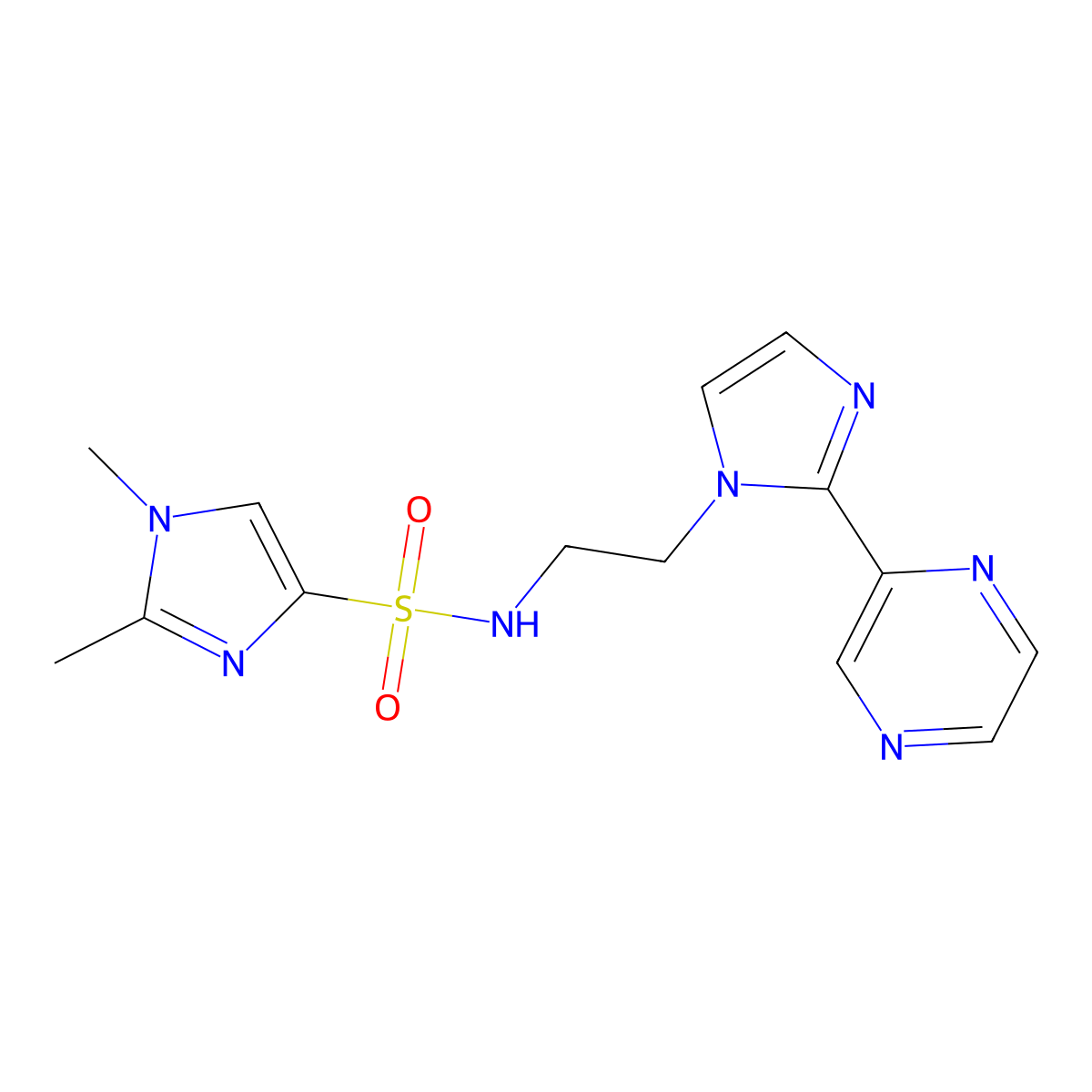 1,2-dimethyl-N-(2-(2-(pyrazin-2-yl)-1H-imidazol-1-yl)ethyl)-1H-imidazole-4-sulfonamide molecular structure, CAS 2034587-61-4